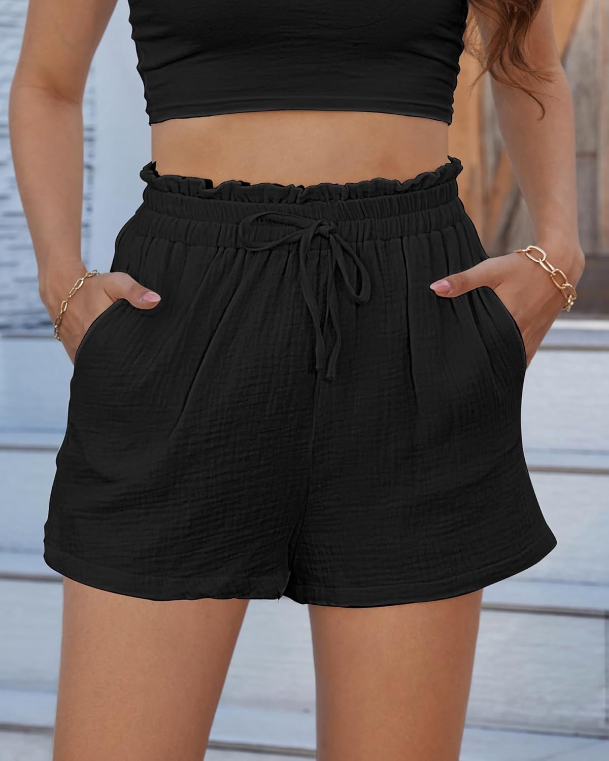Bsubseach Shorts for Women Cotton Wide Leg Drawstring Shorts with Pocket Summer Casual Ruffle Womens Vacation Outfits 2026 - Image 2