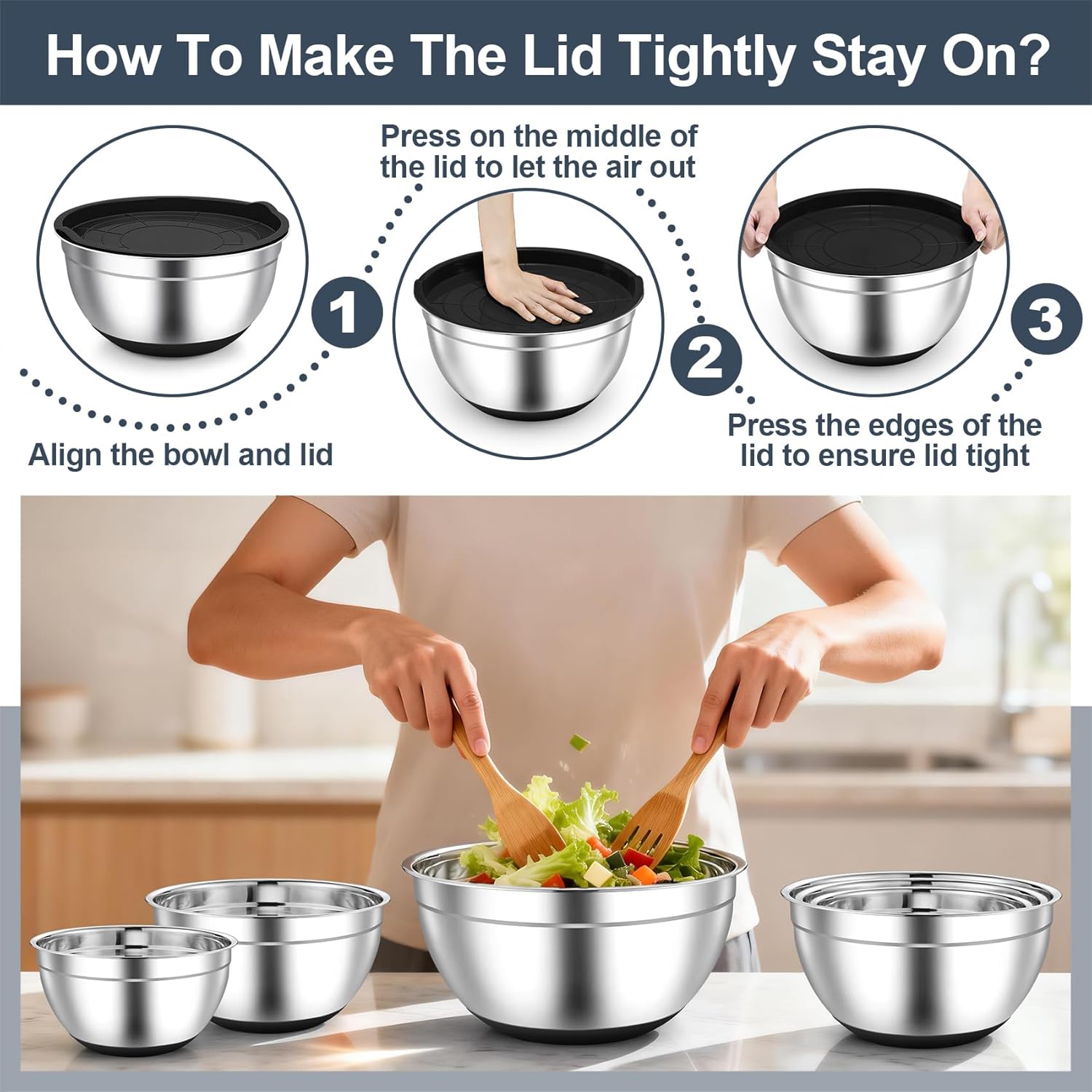 TeamFar Mixing Bowls, Black Mixing Bowls with Lids Set, Stainless Steel Nesting Salad Bowl with Air-tight Lid & Silicone Bottom, Non Slip & Stackable - Set of 6-4.6/2.6/2 / 1.5/1 / 0.7 Qt