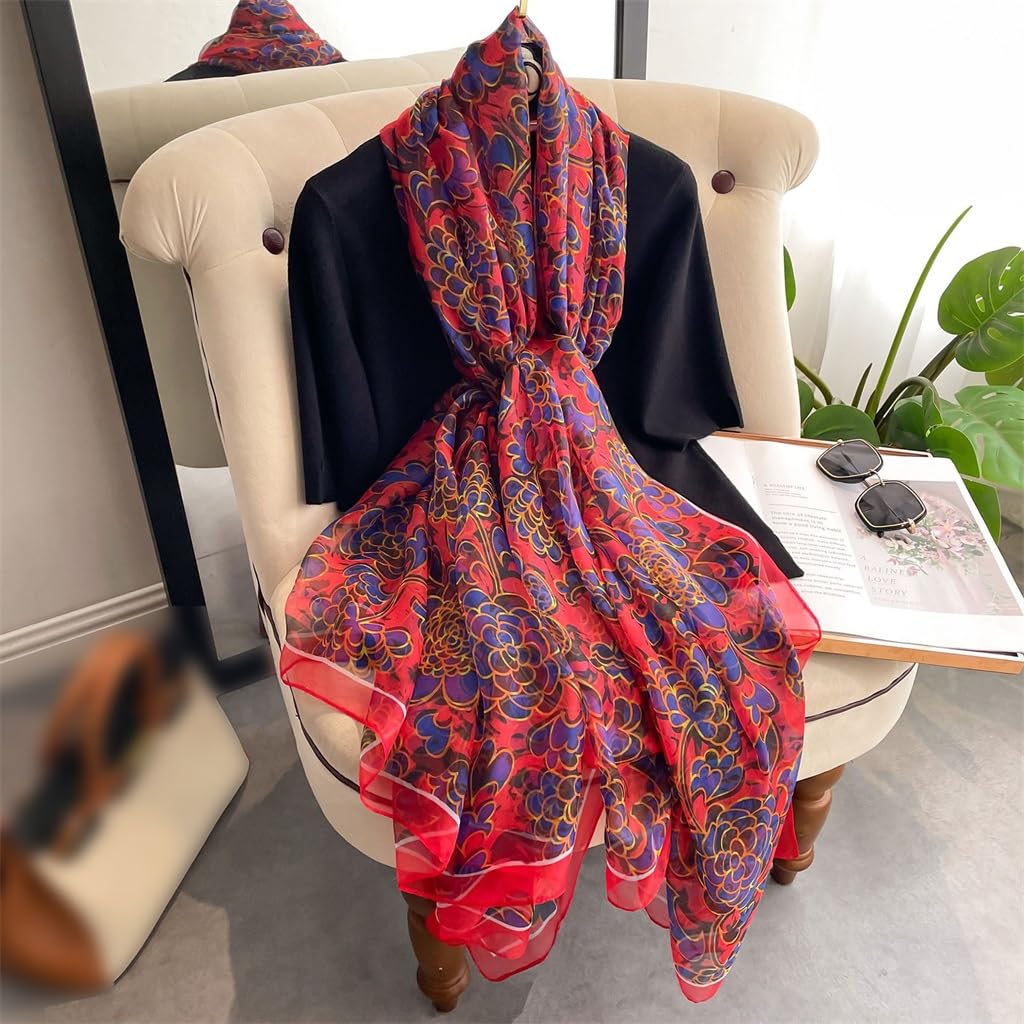 Foulard en Soie Douce Grande Taille imprimé Foulard de Plage Pivoine Xiangyun Tourisme Vacances crème Solaire écharpe