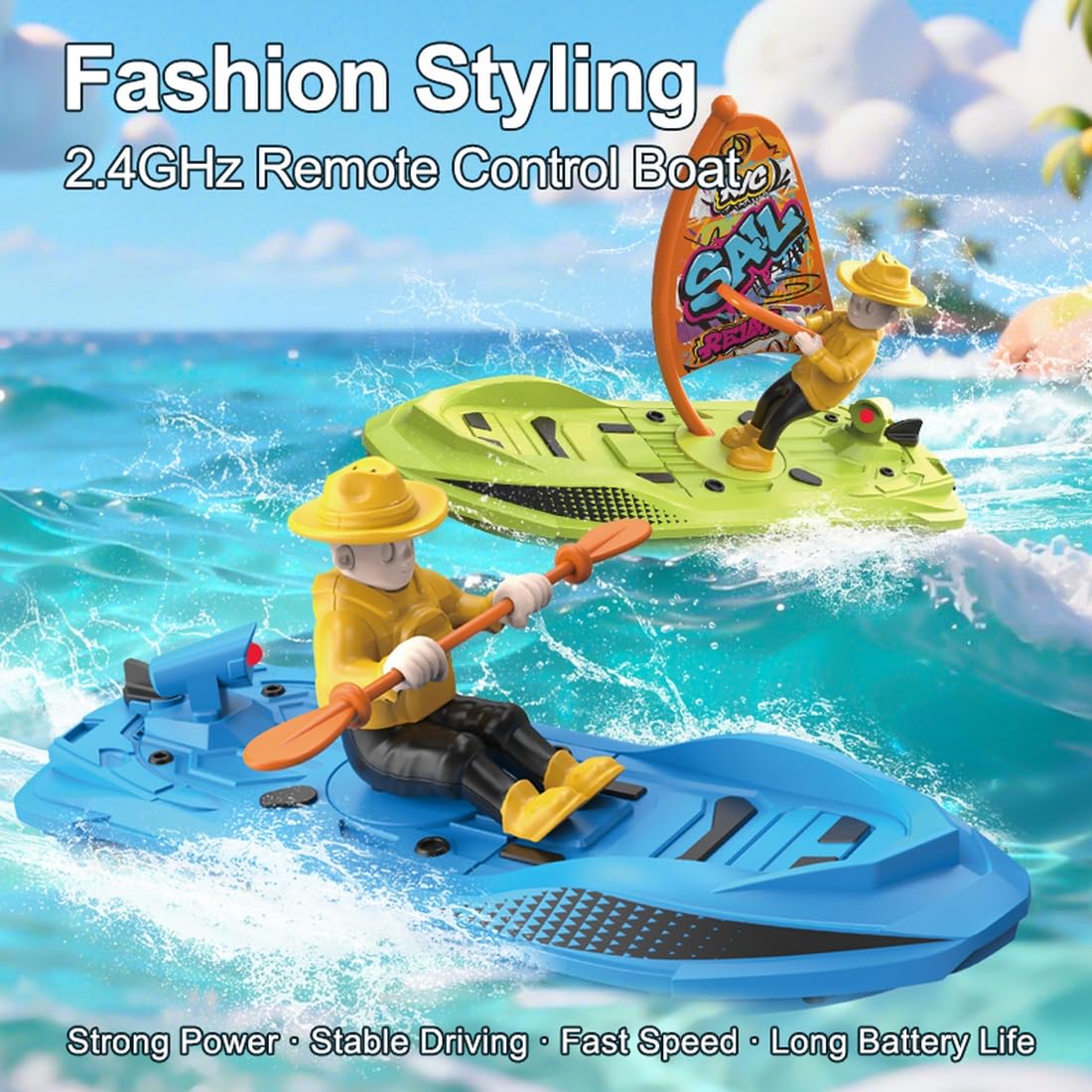 Barco de surf RC de 2,4 GHz con diseño de vela, 2 baterías, alcance de 50 m