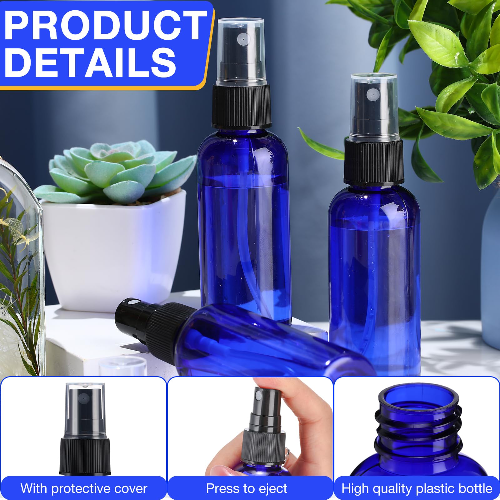 Zhehao 200 flaconi spray in plastica da 56,7 g, vuoti, per capelli, da viaggio, ricaricabili, con tappi a pompa a coste, per oli essenziali, profumi, cura della pelle, pulizia (blu)