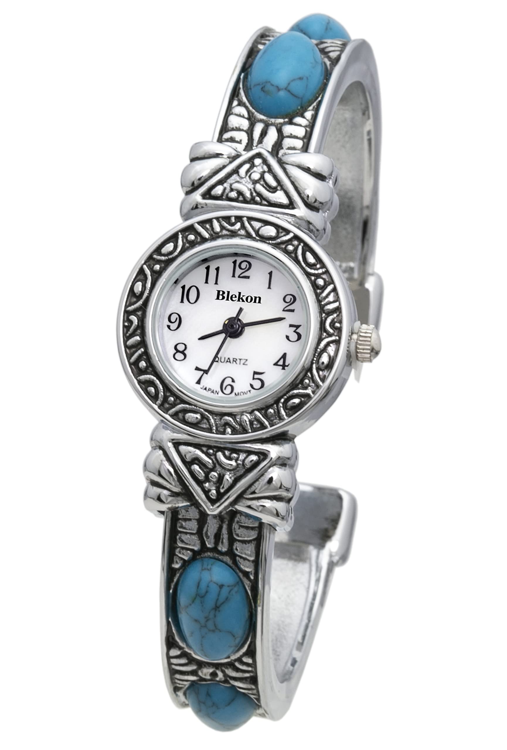 Blekon Stone Studded Watch for Women, 22mm Case Japanese Quartz Movement and Large Cuff Bangle, Best Fits Wrists Measuring 7-8 inches (Turq)