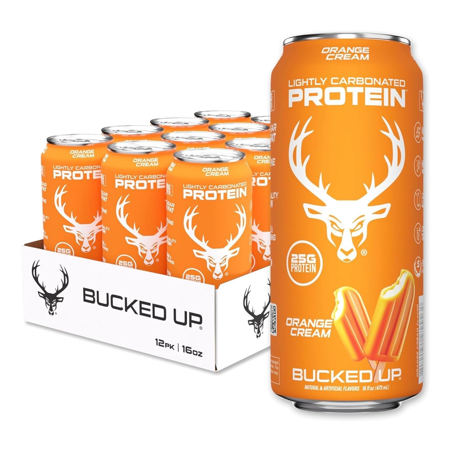 Bucked Up Lightly Carbonated Protein Soda | 25g Whey Isolate - Zero Sugar, Low Calorie, Caffeine Free, Clean Drink | Sparkling Protein Soda - 12 Pack, 16 oz Cans (Orange Cream)
