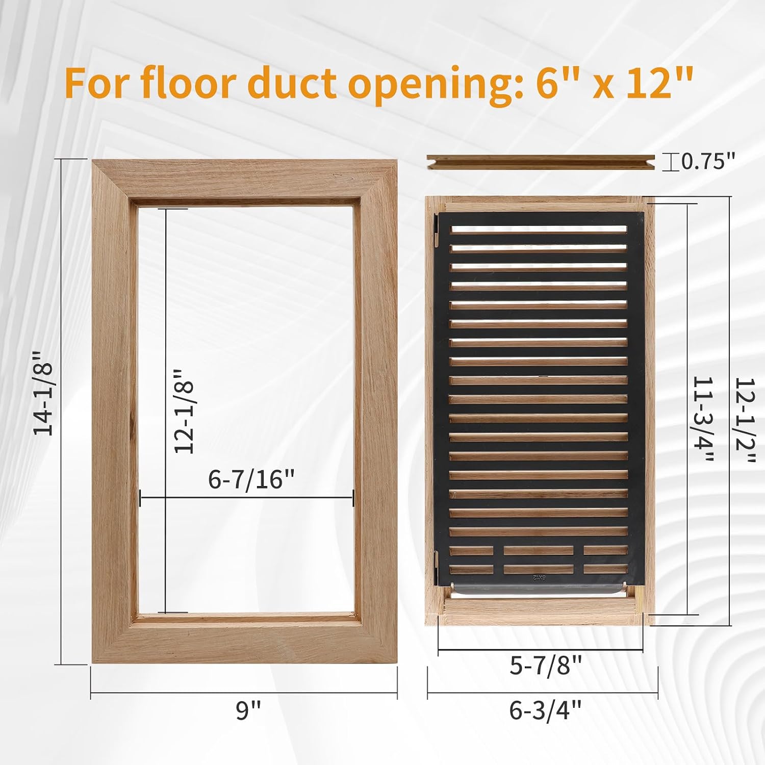 oak floor register for 6x12 inch duct holes - flush mount floor vent with metal damper - white wooden vent covers for home floor - 0.8 inch thickness - unfinished 6 x 12 white oak