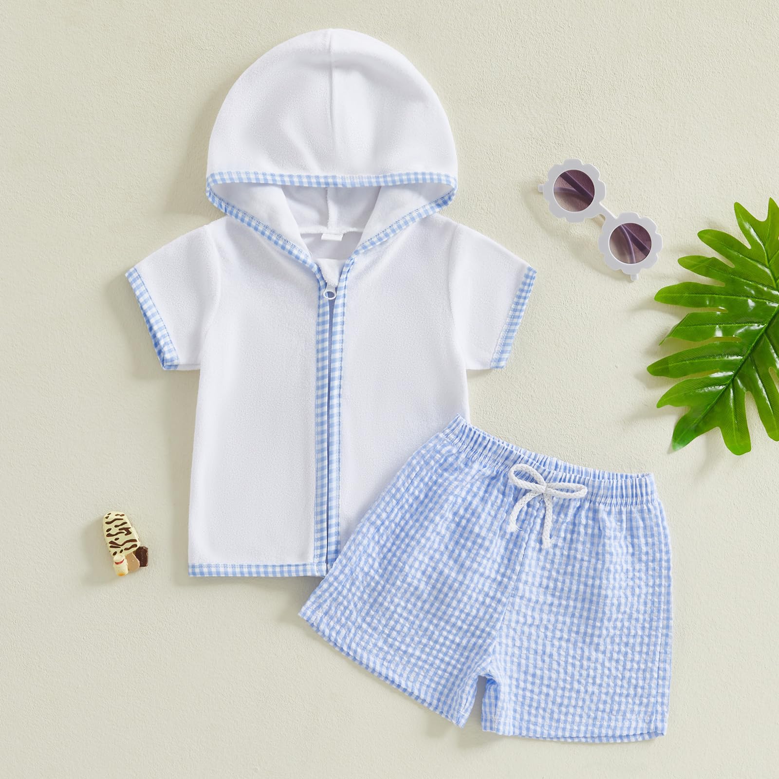 Toddler Baby Boy Girl 2 Pieces Swimsuit Towel Terry Swim Cover Up Short Sleeve Zipper Hooded Bathing Suit Swimwear Set (Sky Blue, 12-18 Months)