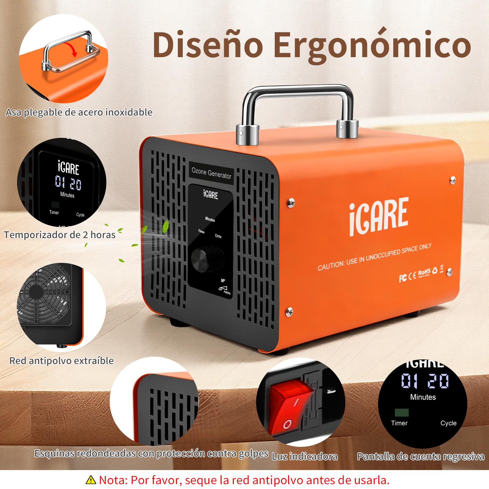 Generador de Ozono Hogar 60000mg/h, Máquina de ozono con Perilla Electrónica, Purificador de Aire con Temporizador, Dispositivo de Ozono O3 Portátil para Garajes, Hogar, Coche, Eliminación de Olor
