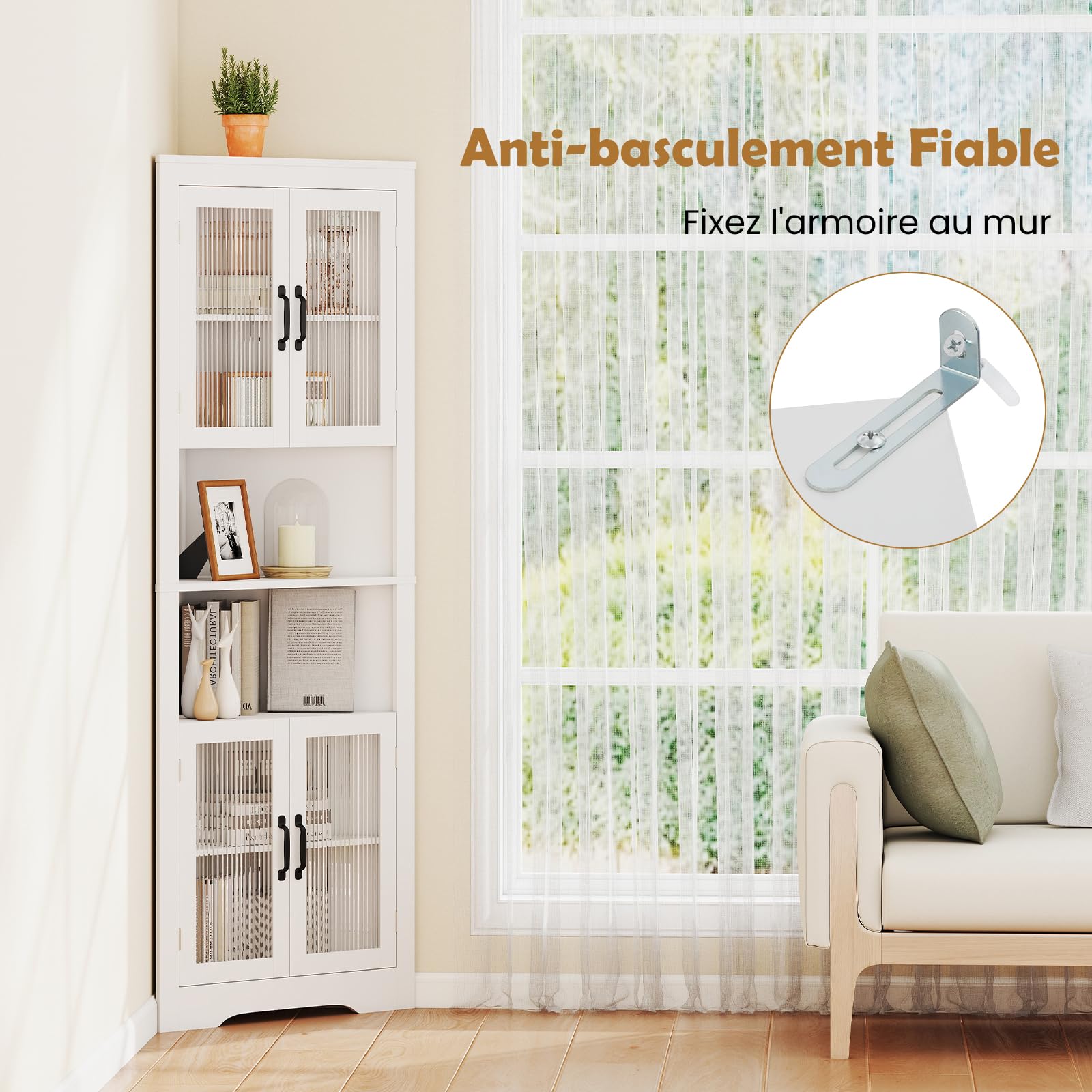 GOPLUS Armoire d'Angle de 171 CM de Haut,Meuble de Rangement à 6 Niveaux avec 4 Portes en Verre, Étagères Réglables sur 3 Niveaux, Charge 60KGpour Salle de Bain, Salon, Cuisine, 66 x 35 x 171 cm Blanc