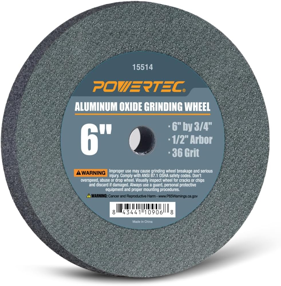 POWERTEC Bench Grinder Wheel 6 Inch White 36 & 100 Grit, Aluminum Oxide Grinding Wheel for Bench & Pedestal Grinder, 3/4" Thick 1/2" Arbor, Sharpening & Shaping Drill Bits, Blade, Chisel, 2PK (15530)