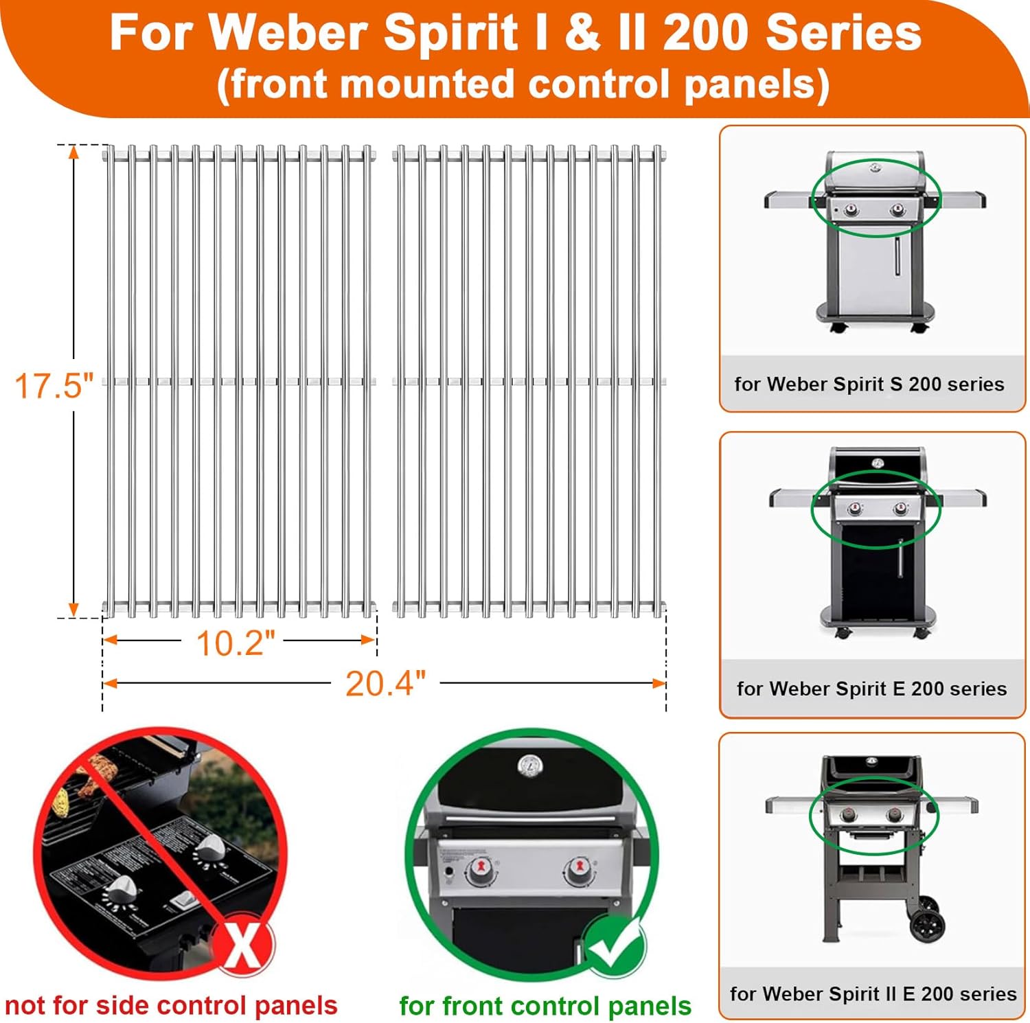 GasSaf Flavorizer Bars 15.3" | 17.5" Stainless Steel Grill Grates Grill Replacement Parts for Weber 7635 7637, Fit for Spirit 200 Series E210 E220 S210 S220 Gas Grills with Front Control Panel