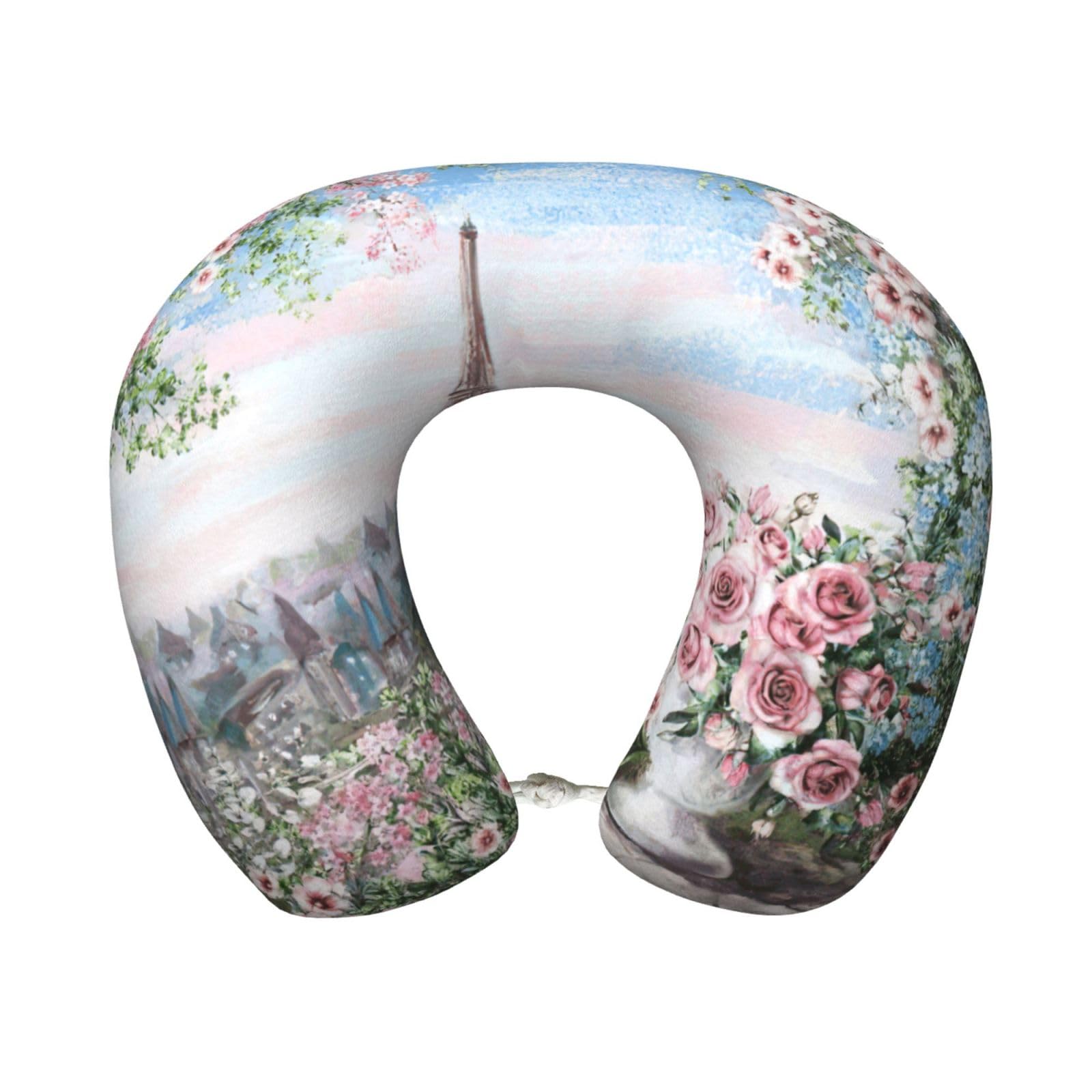 ASFgda U-Shape Memory Foam Beautiful Eiffel Tower Paris Print Travel Pillow,Neck Support,Washable Cover For Airplane Car Home Office