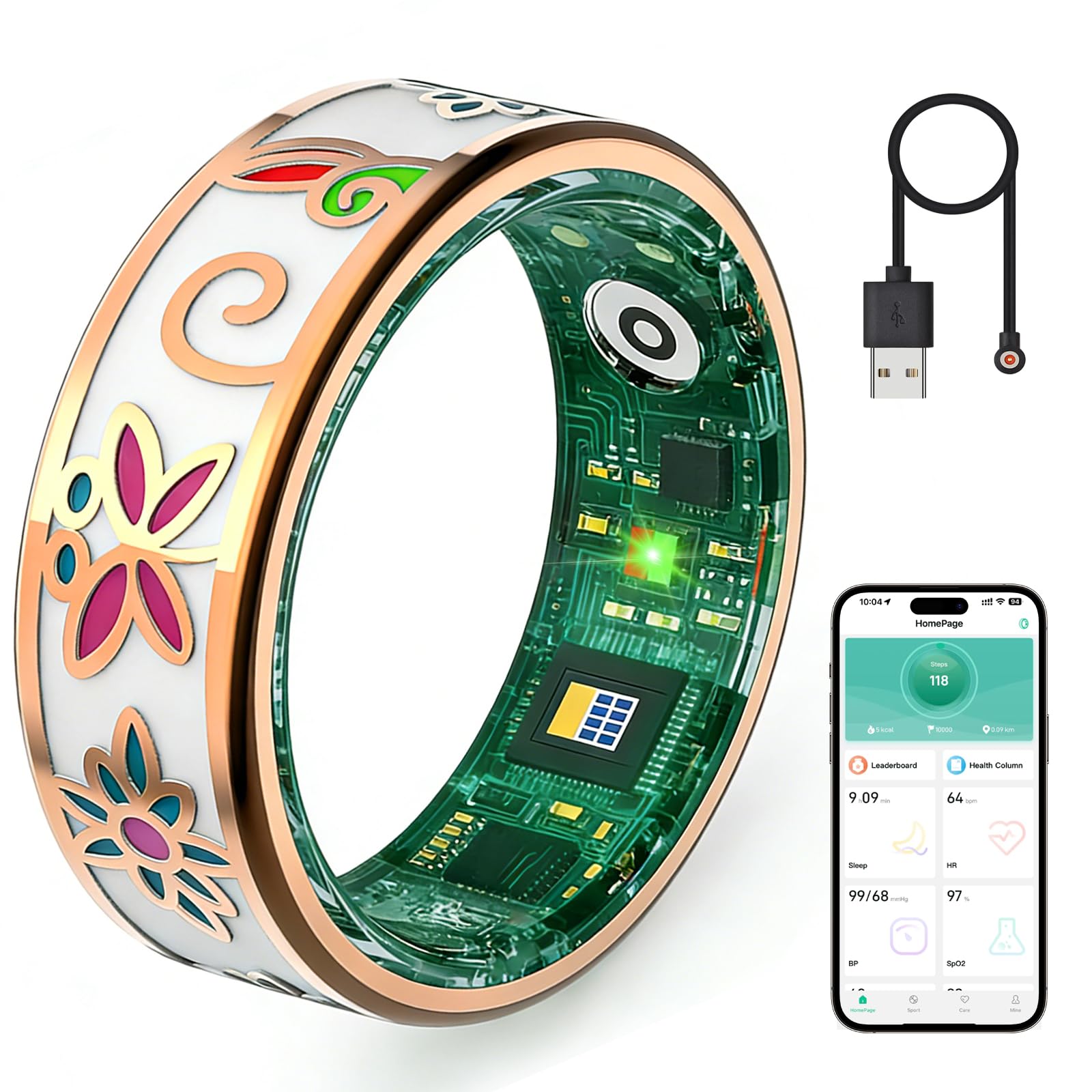 Enamel Craft Smart Ring for Women &amp; Men, No Subscription Fitness Tracker with Heart Rate, Sleep Tracking, SpO2 – IP68 for iOS &amp; Android (Enamel Color, 9)