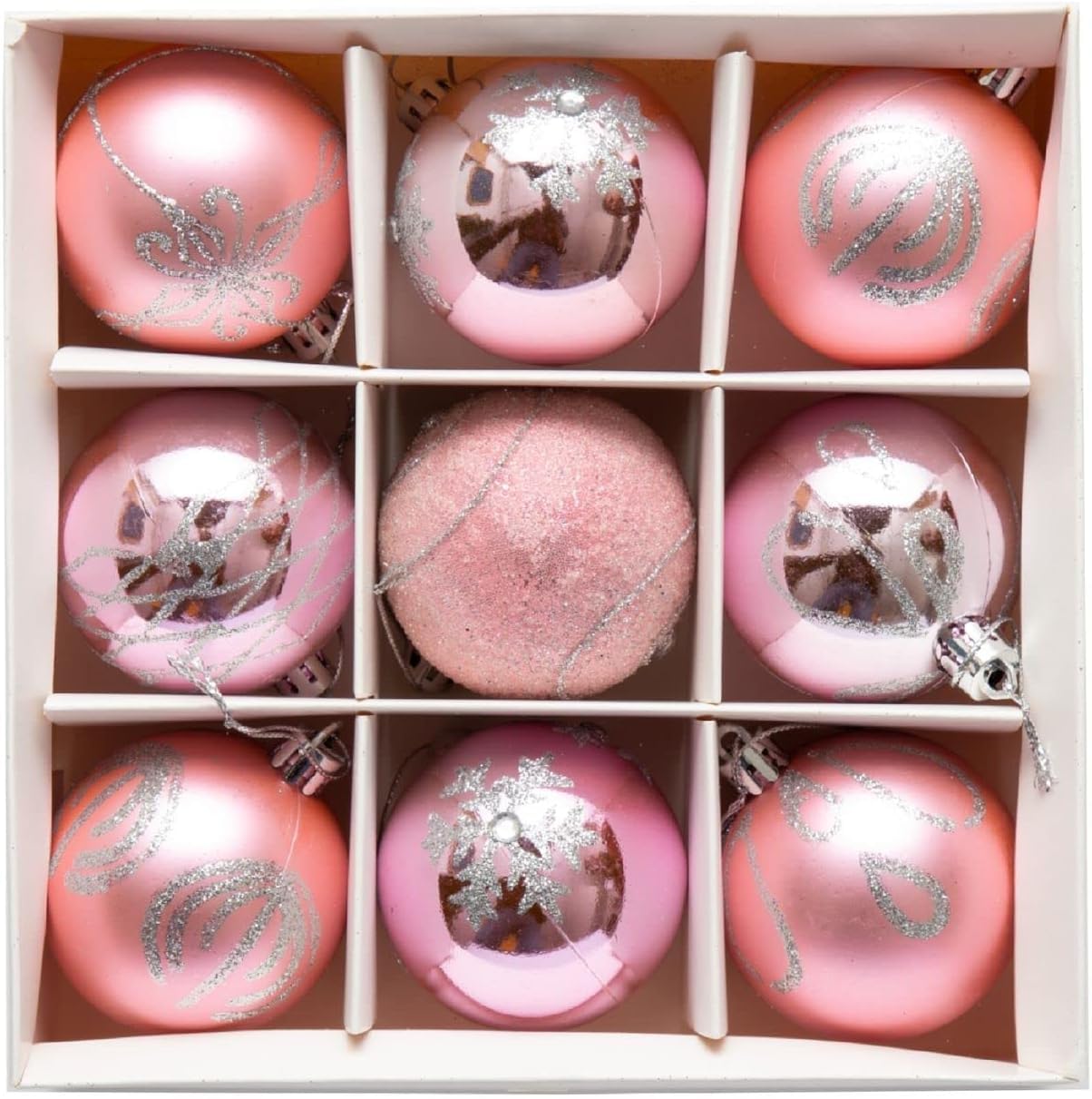 UKDD® Set of 9 Premium Baubles Luxury Christmas Tree Bauble Decorations Matte, Glitter, shiny Baubles (Blush) - Image 2
