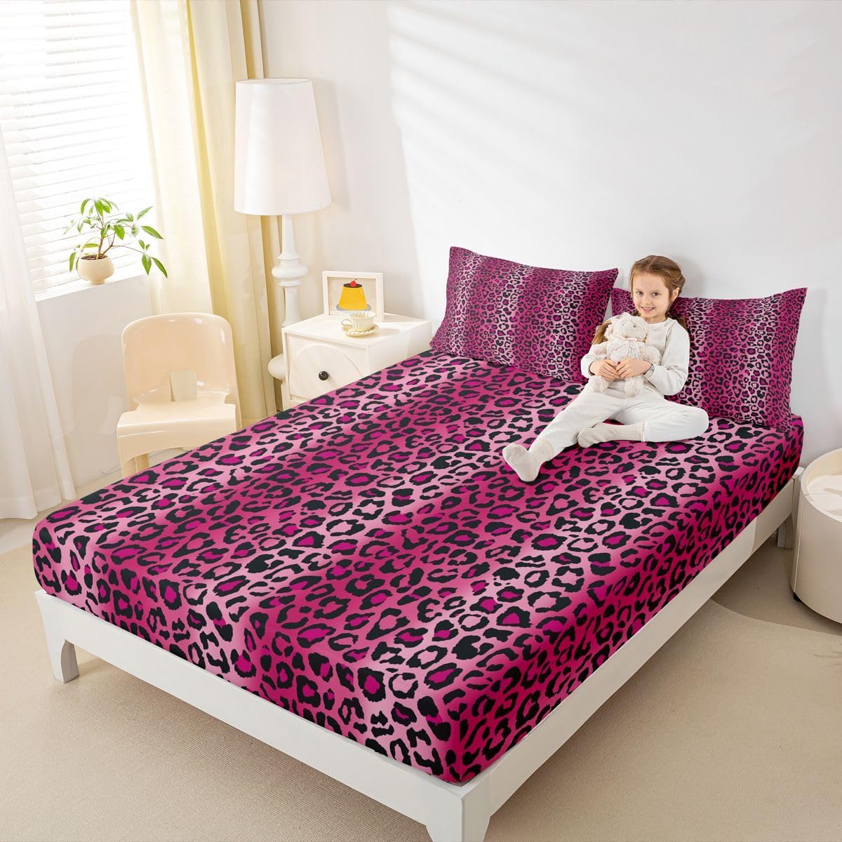 Leopard Print Sheet Sets Women Cheetah Print Fitted Sheet for Kids Girls Pink Red Black Sexy Luxury Bedding Set Ultra Soft Decor Africa Animal Wildlife Bed Cover No Flat Sheet Full Size