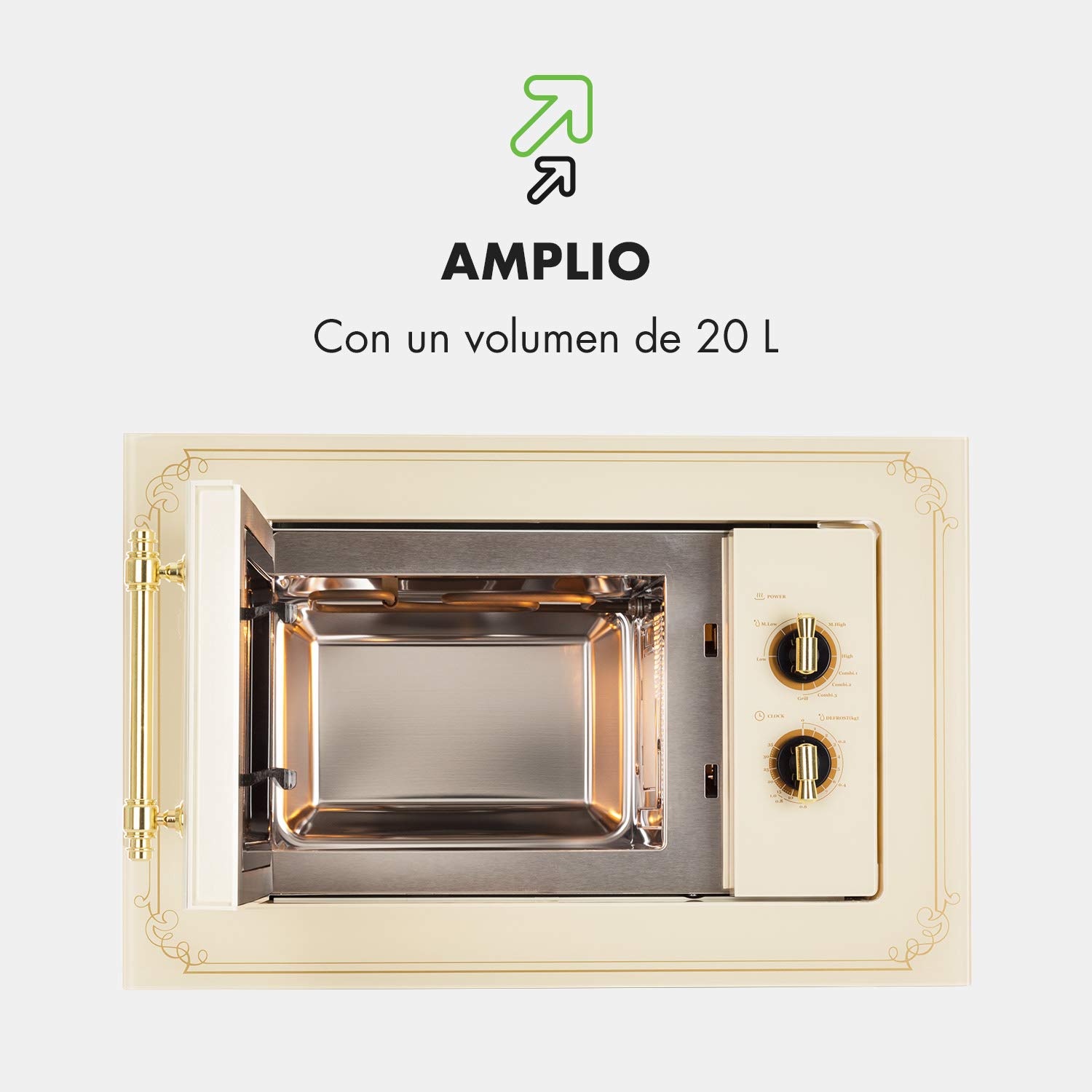 Klarstein Victoria 20 - Microondas, Diseño retro, 20 litros, Microondas de 800 W/Función grill de 1000 W, 3 funciones predeterminadas, Acero inoxidable, Incluye marco para montaje, Marfil
