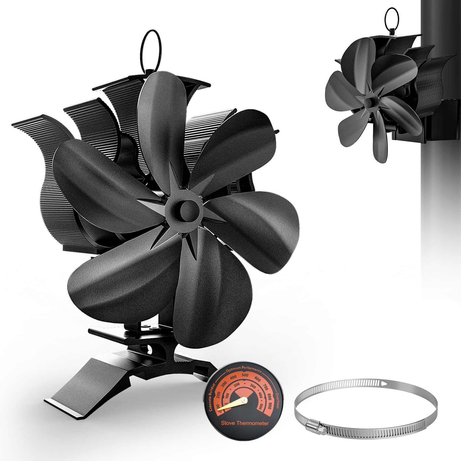 Ventilador para Estufa de Leña con Termómetro - 6 Aspas, 2 en 1, Alta Eficiencia, Alimentado por Calor (Sin Electricidad), Seguro y Silencioso para Chimenea/Hogar