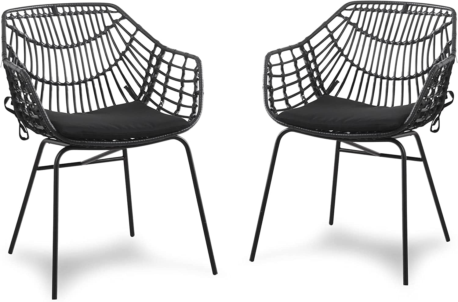 Muse & Lounge Co. Dana Handcrafted Rattan Armrest Outdoor 2 Cushions (Set of 2), Wicker, Patio Dining Chairs, Black