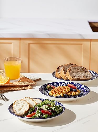 Miniatura 5 de Platos de ensalada, platos de postre azules y blancos, juego de platos de cerámica coloridos de 8 pulgadas para pasta, juego de 6, aptos para