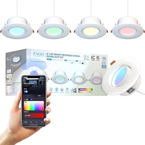 ZAGO Luz empotrable LED inteligente RGB de 6 pulgadas que cambia de color, luz empotrable sin lata de globo ocular WiFi, 15 W, 1100 LM, ETL y FCC e