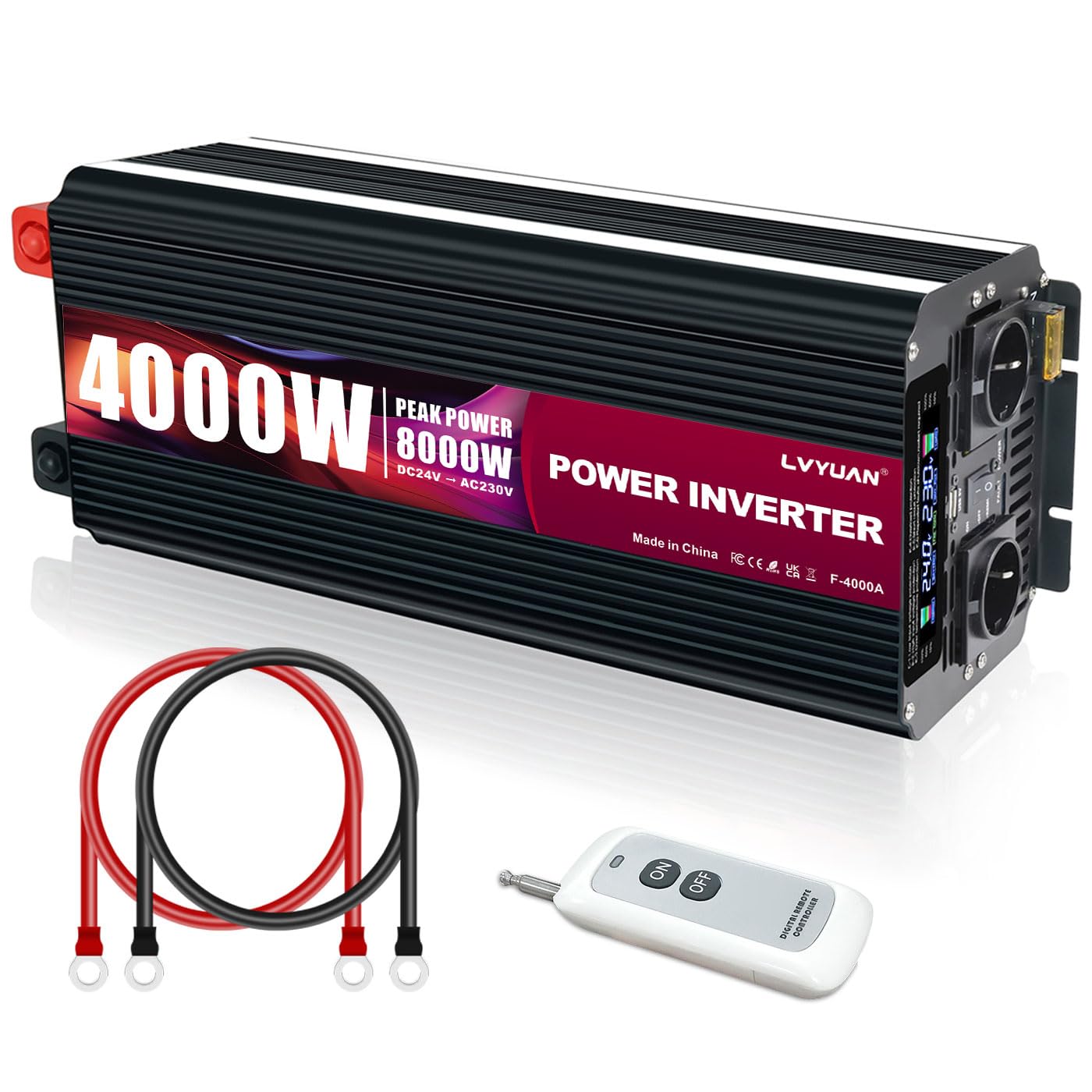 LVYUAN Wechselrichter 24V 230V 4000W /8000W Konverter Spannungswandler mit Kabelloser Fernbedienung, 2 EU Steckdosen, 5V USB Ports und LCD Display