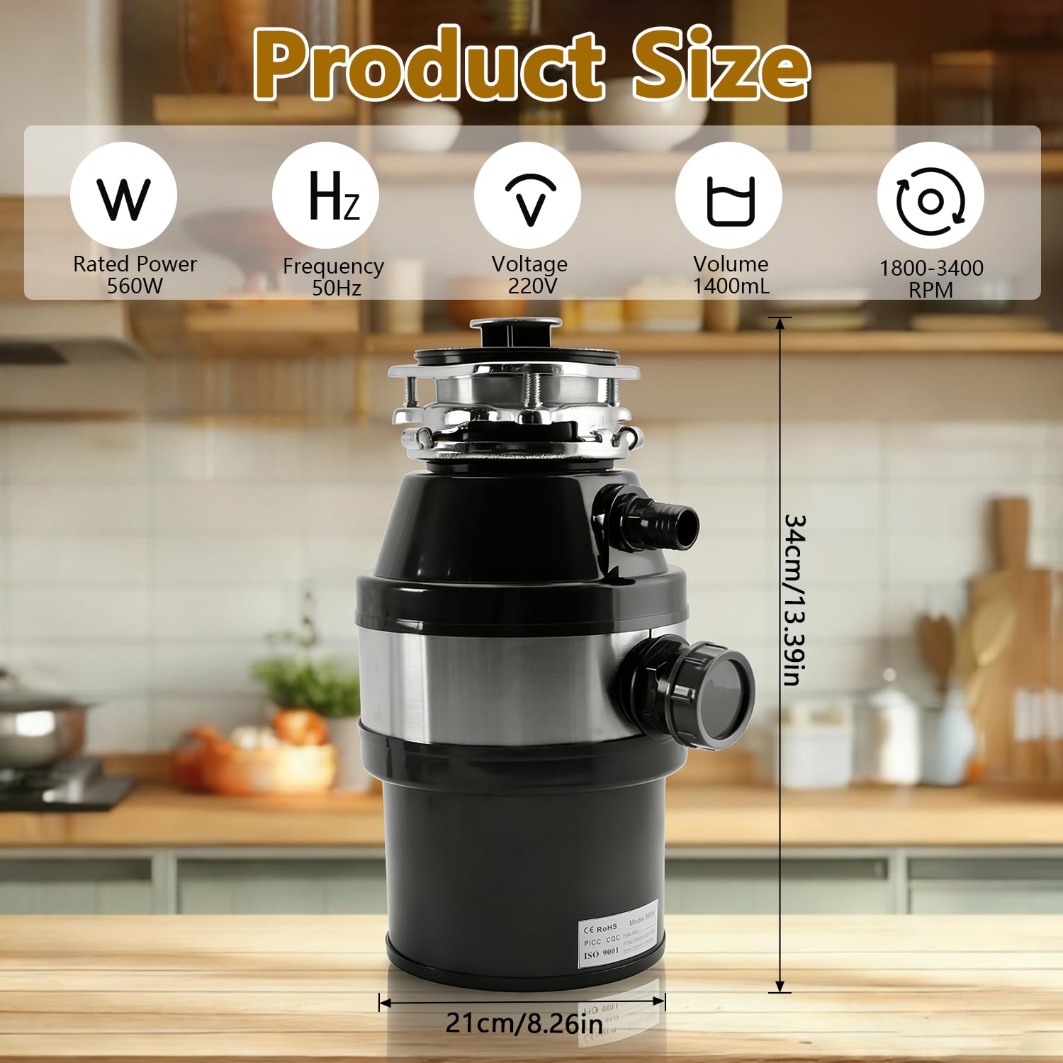 Dissipatore di rifiuti alimentari, 1,4 L 560 W, in acciaio inox, da cucina, sotto il lavello, con interruttore dell'aria integrato con anti-bloccaggio e protezione da sovraccarico, efficiente ad alta