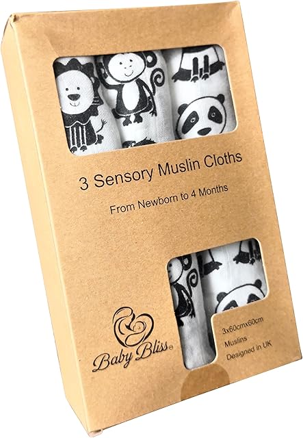 Muslin Squares Bamboo in Black and White Pack of 3 Sensory Muslins for babies Visual Development and Stimulation! (Black/White, Safari)