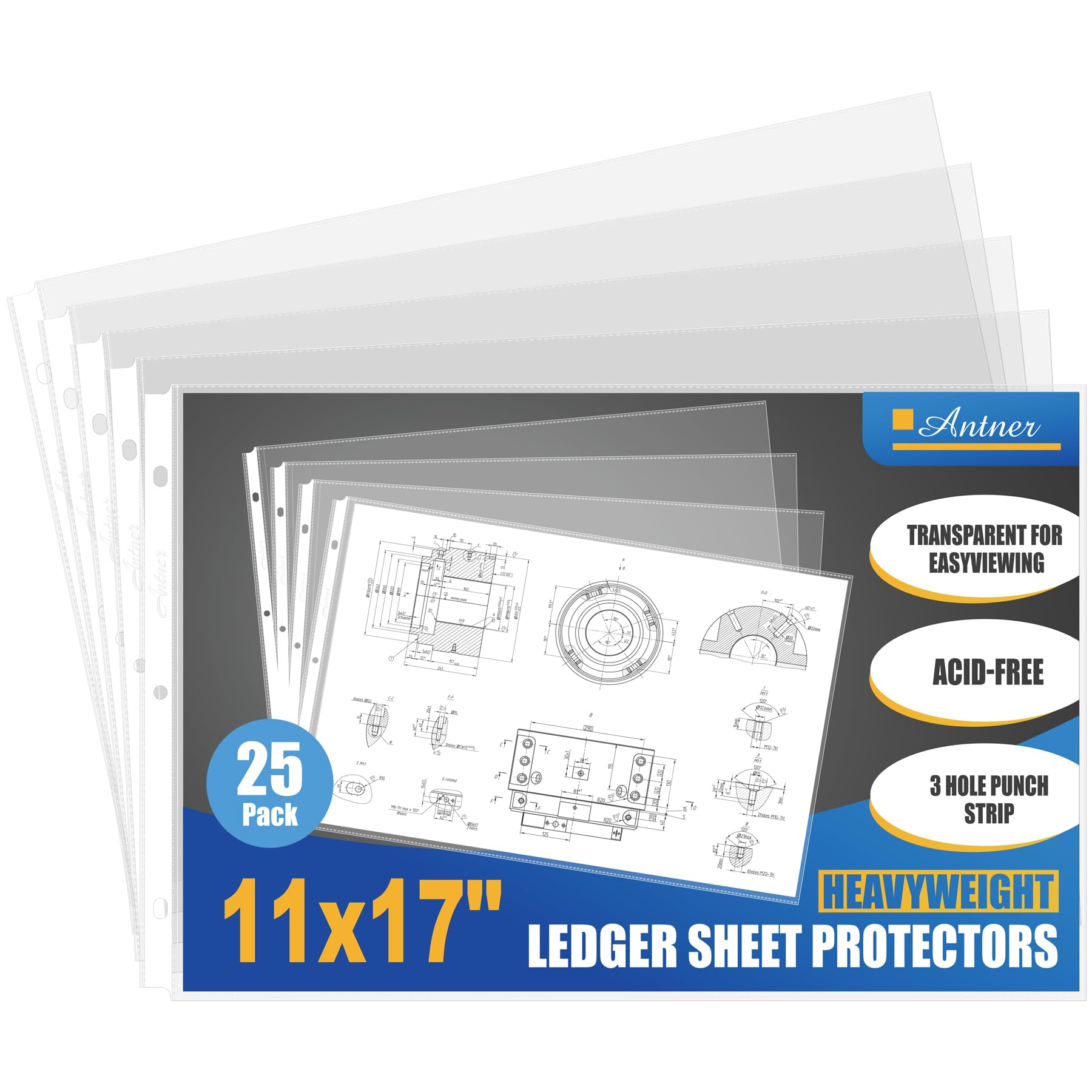 Antner 11x17 Inch Sheet Protectors (25-Pack) - Ledger Size Heavy Duty Clear Plastic Archival Sleeves, 3 Hole Punched for 3-Ring Binders, Side Loading Oversized Page Protectors for Documents Newspaper