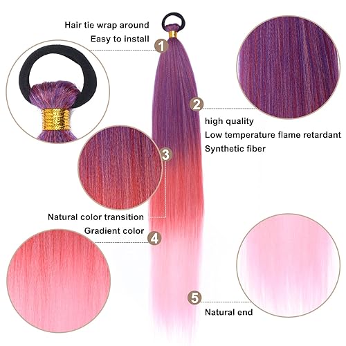 Miniatura 3 de Paquete de 2 extensiones de cola de caballo rosa con lazo elástico, recto, elegante cola de caballo trenzada, color rojo degradado, 26 pulgadas