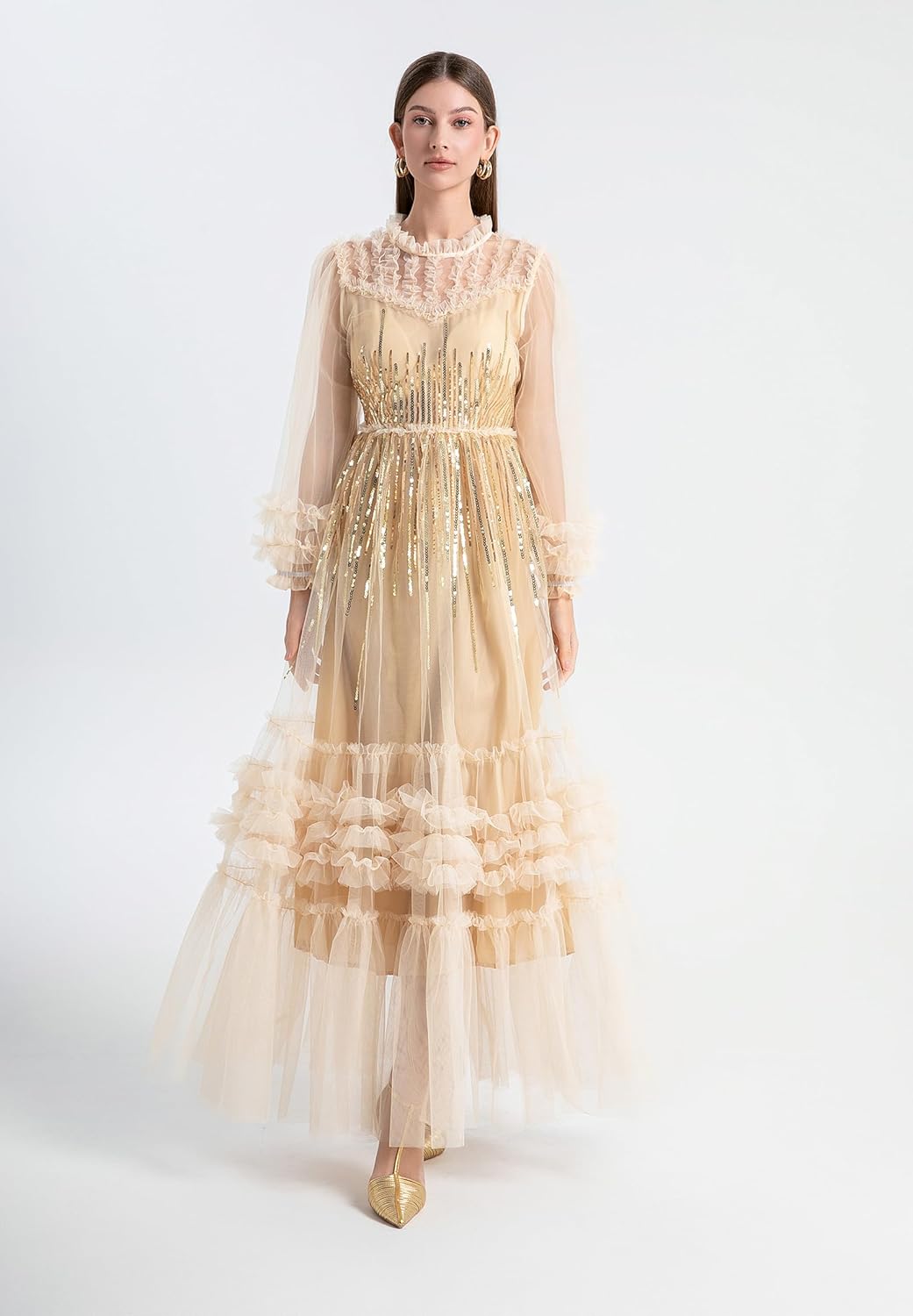 LAI MENG FIVE CATS Women's Puff Sleeves Mesh Patchwork Embroidery Sequins Layered Ruffle Trim Prom Dress