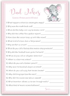 Pink Elephant Baby Shower Games — DAD Jokes Game — Pack of 25 — Fun Funny Daddy Joke Trivia, Little Peanut Theme Girl Baby Sprinkle, Sip See, Birthday, Shower Activity G500-DJK