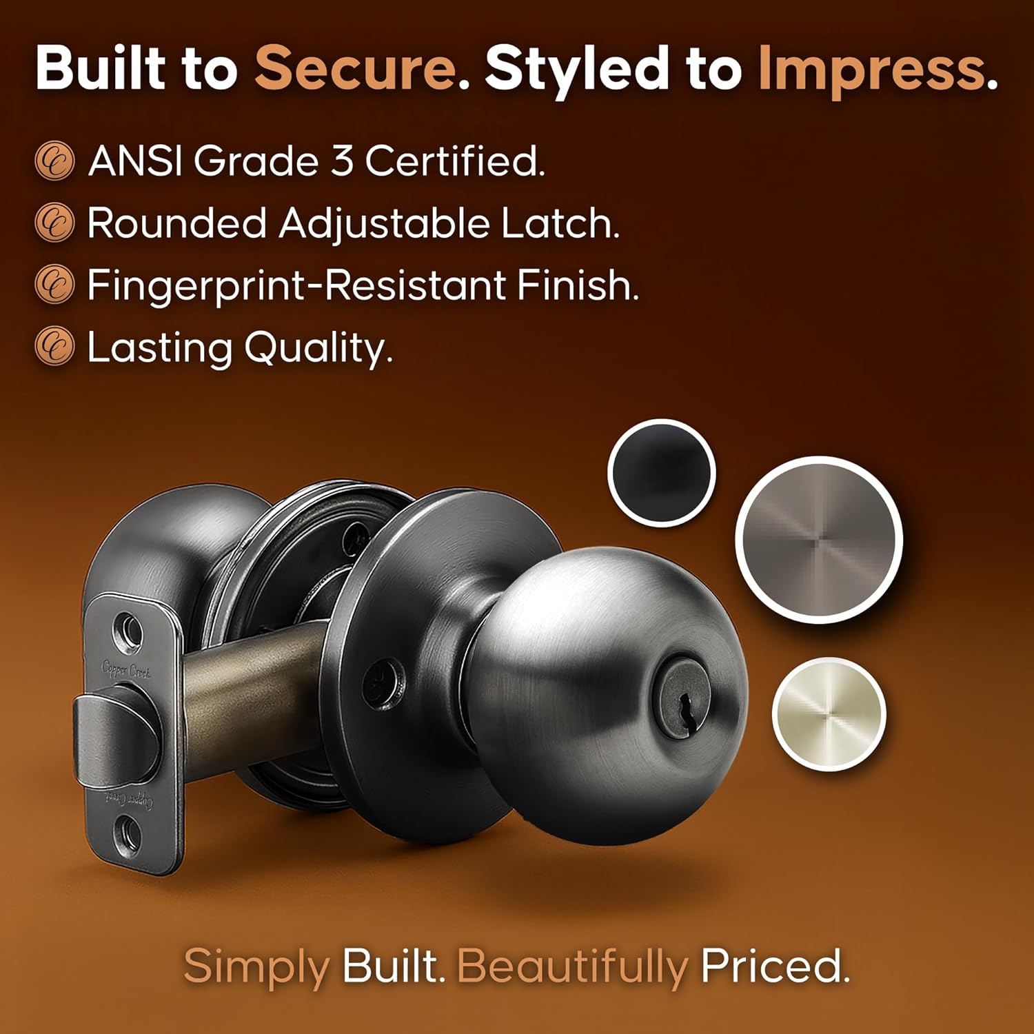 Copper Creek Entry Door Knob – Keyed Entry Handle with Lock and Key, ANSI Grade-3 Certified, DIY-Friendly Install for Interior and Exterior Entrance Doors – Antique Nickel (1 Pack)