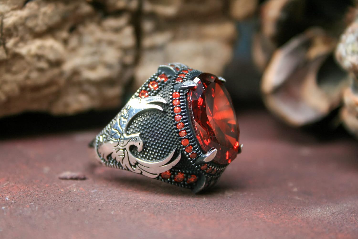 Phoenix zircon Ring-925k Unisex Silver Jewelry-Vintage Gemstone Ring-Gift for Him and Her-925k Turkish Handmade Sterling Silver Red Zircon Ring
