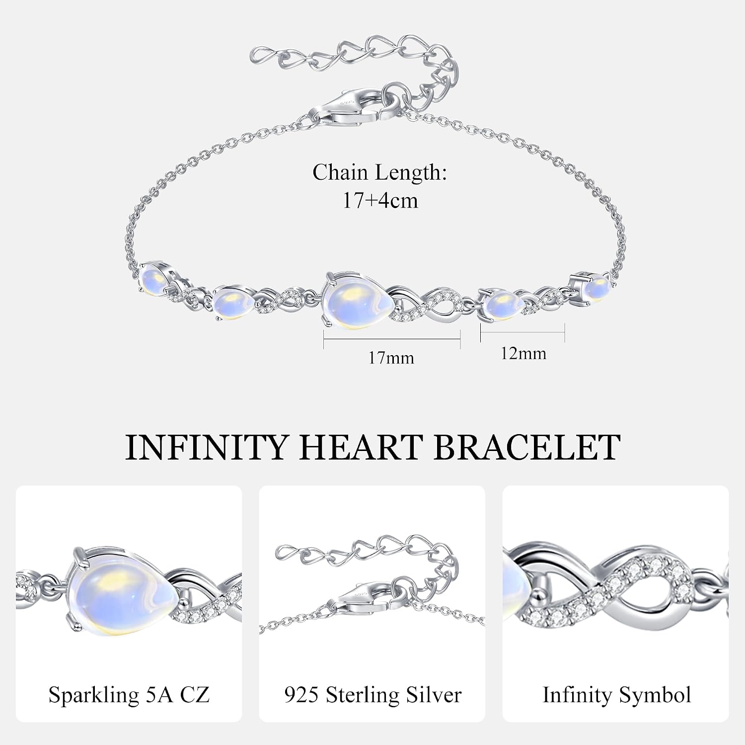 Birthstone Teardrop Infinity Bracelet for Women, Sterling Silver 9x7mm main Gemstone Charm Link Bracelet Adjustable, Anniversary Day Gifts for Wife Jewelry Gifts for Women Mom Girlfriend Her