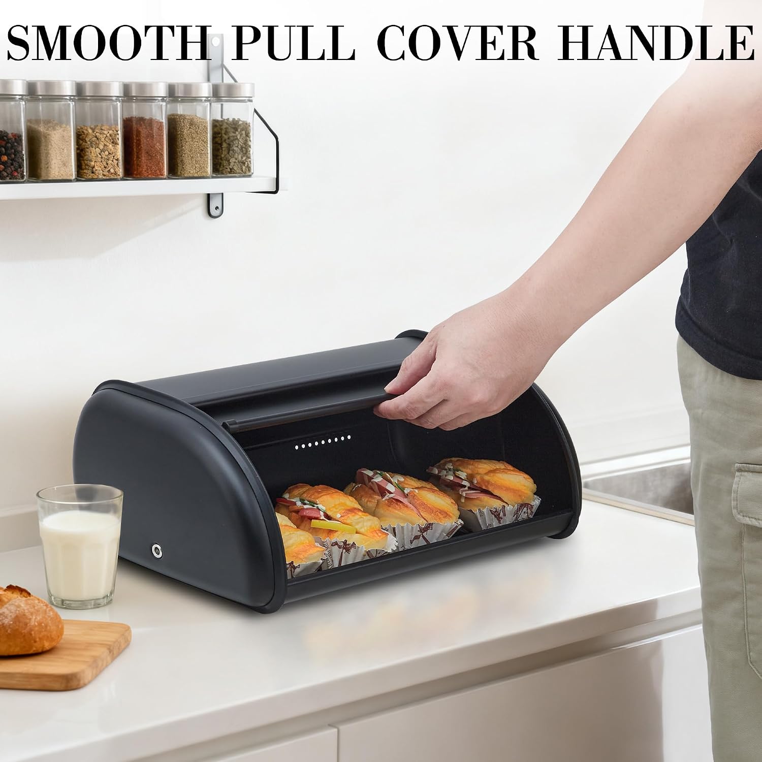 GarveeHome Stainless Steel Bread Box for Kitchen Countertop, Roll Top Black Bread Storage Container for Homemade Bread, Large Bread Holder for Kitchen Counter, Pantry Shelf, Family