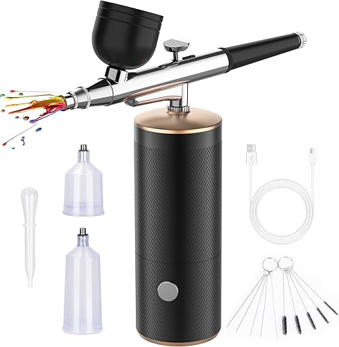 Uthlusty Kit de aerógrafo inalámbrico, kit de aerógrafo con punta de 0.012 in, cepillo de aire recargable de mano con compresor para maquillaje,