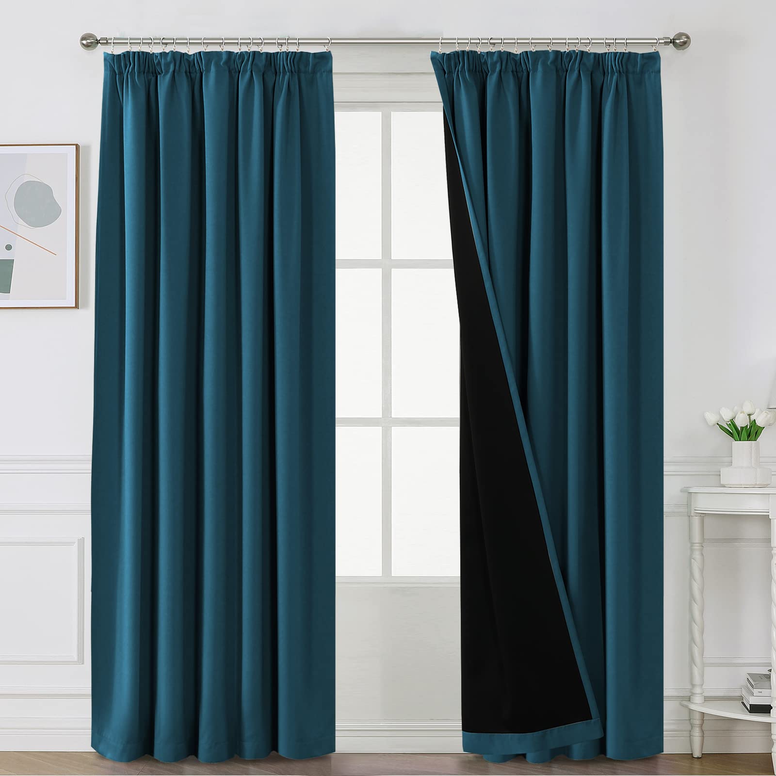 Bellahills Dark Teal 100% Blackout Curtains For Bedroom Thermal Insulated Curtains & Drapes Blackout Curtains Pencil Pleat Curtains For Living Room With Black Liner 2 Panels, 90 X 90 Inch,
