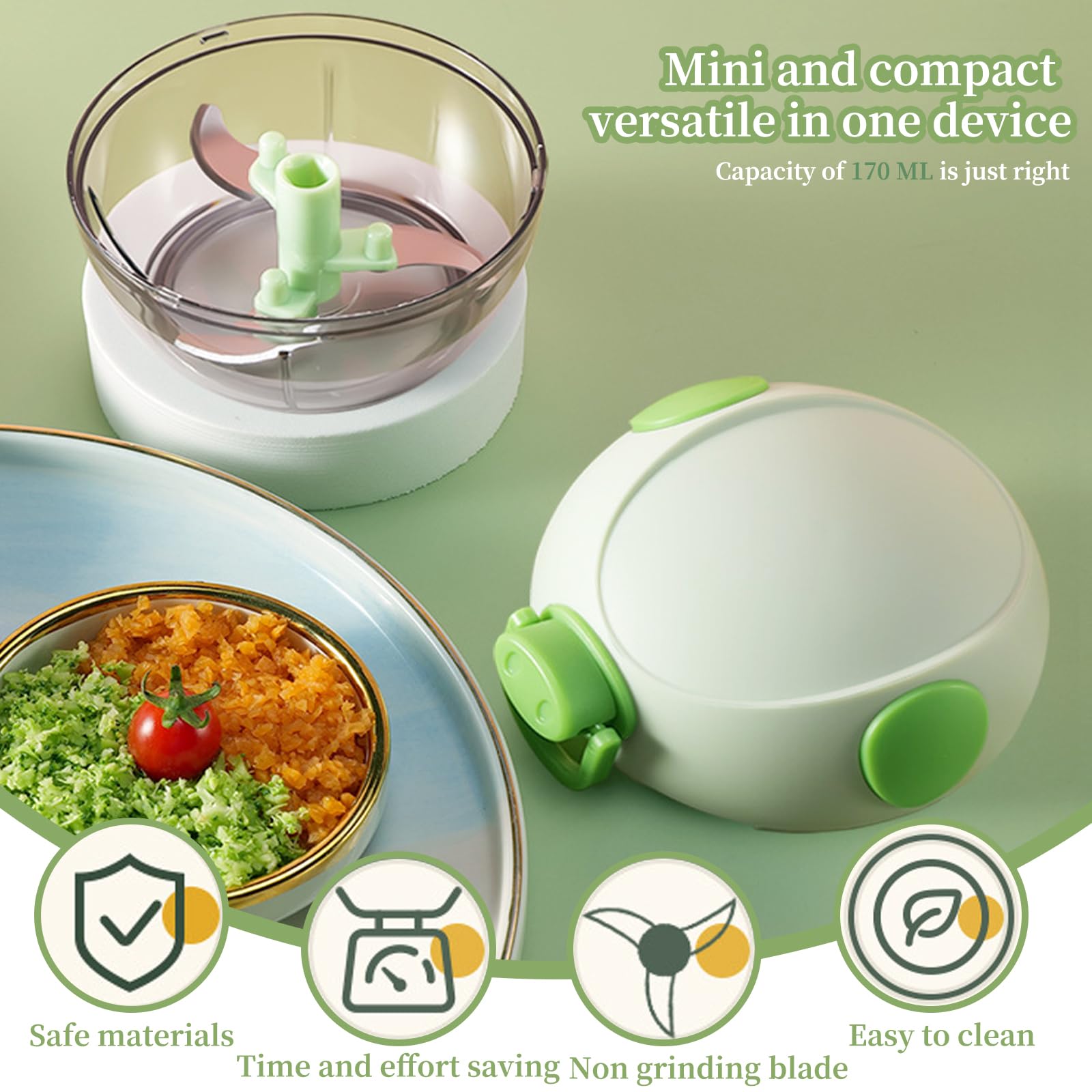 Hachoir Manuel 170ml - 3 Lames Inox Pour Ail, Oignon, Légumes | Xkzhrr | Mini Mixeur Pull Cord