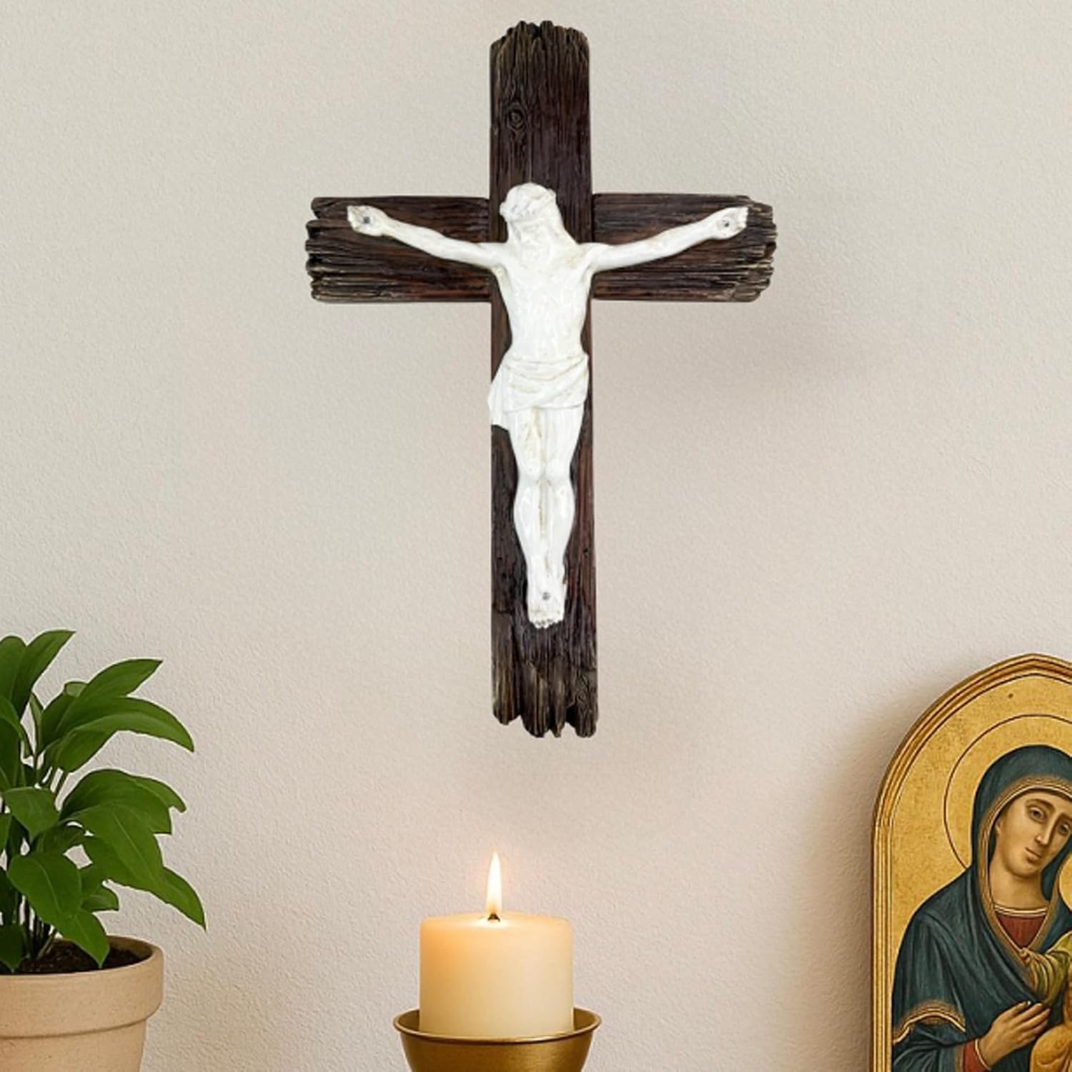 Top Brass Rustic Resin Wall Crucifix - Weathered Wood-Look Cross with Gloss White Jesus Figure - Catholic Christian Home Decor Wall Hanging