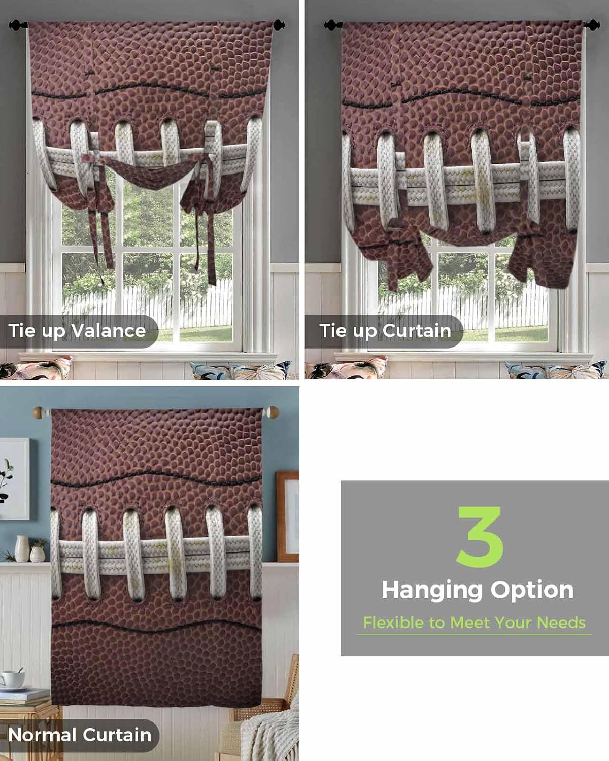 Tie Up Curtains for Windows, Rugby Sport Kitchen Curtain Adjustable Balloon Window Shades, USA Sport White Red Brown Ball Valance Curtains for Living Room/Bedroom/Cafe 46"x63"