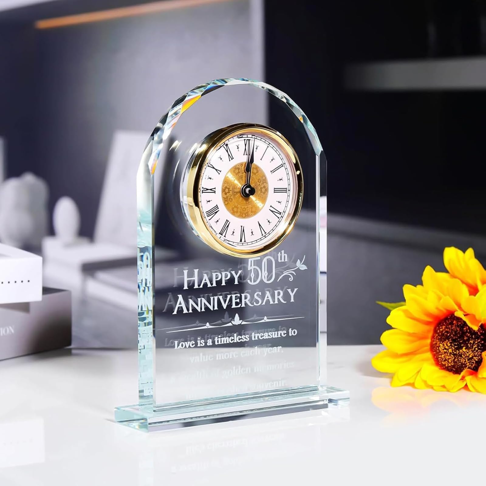 Orologio da scrivania in cristallo al quarzo per 50° anniversario di matrimonio, regalo per genitori, decorazione per la cerimonia d'oro