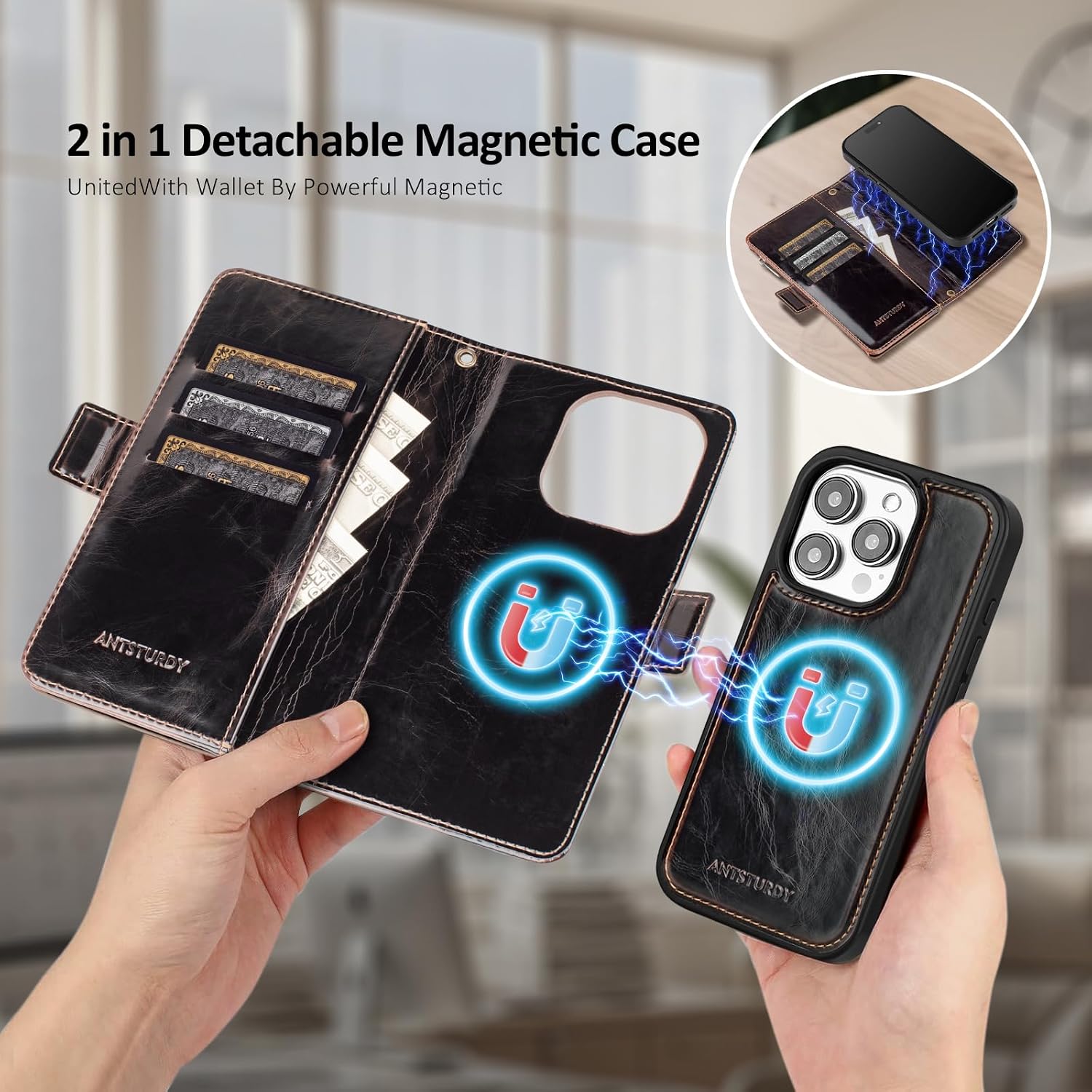Antsturdy Compatible with Magsafe Magnetic 2 in 1 Detachable iPhone 14 Pro Wallet Case with Credit Card Holder Slots,PU Leather RFID Blocking Phone Cover Wrist Strap Zipper Women Men,Coffee