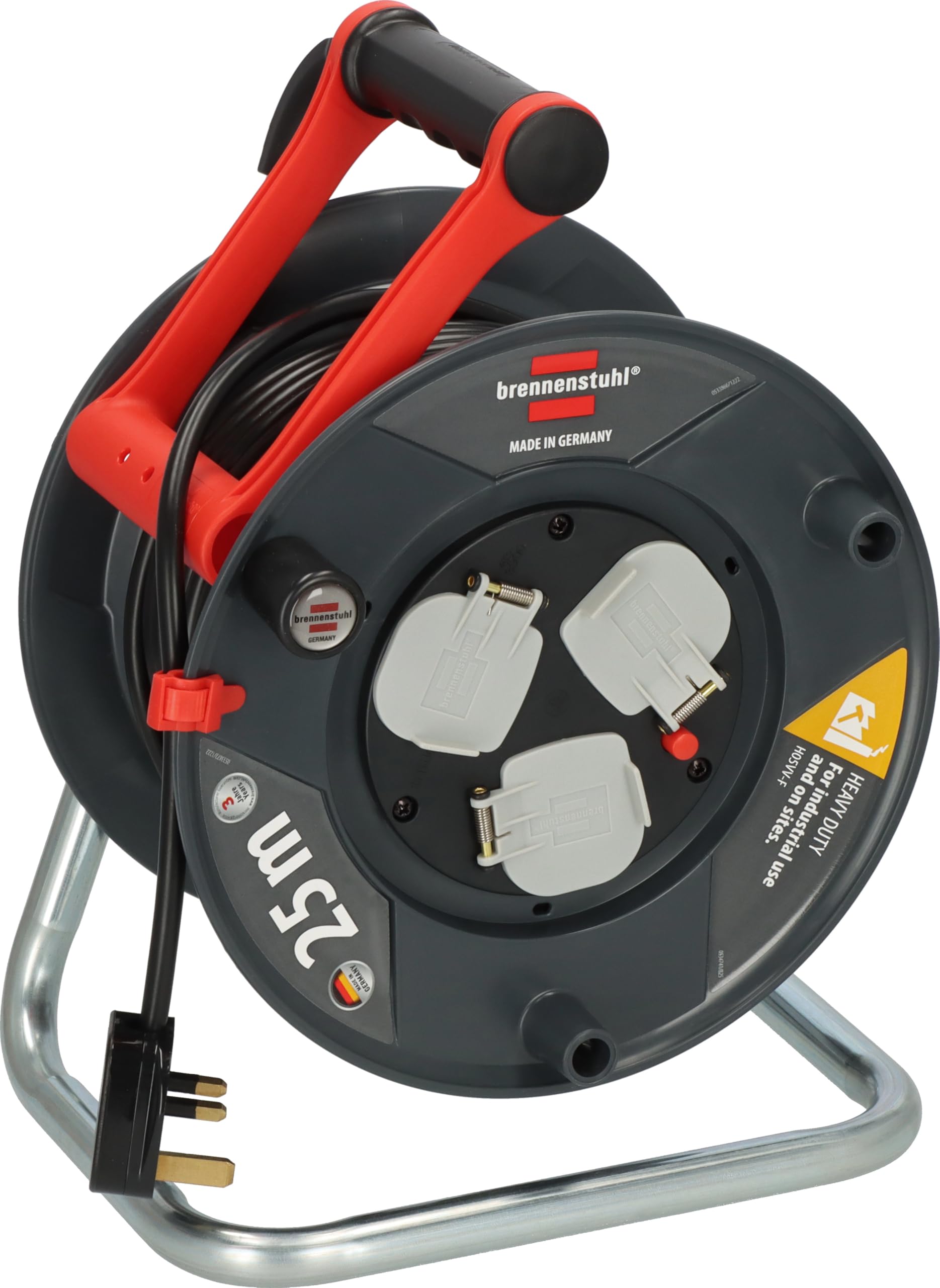 Brennenstuhl Garant Kabeltrommel 25m (Made in Germany, Verlängerungskabel mit 3 Steckdosen und Thermoausschaltschutz, ergonomischer Griff)