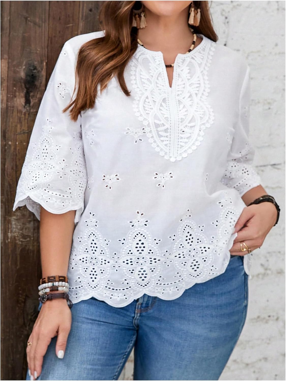 MakeMeChic Women's Plus Size Eyelet Blouse Embroidery 3/4 Sleeve Notch Neck Fall Casual Shirt - Image 4