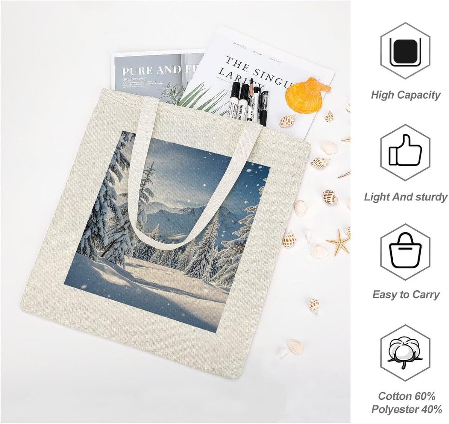 Winter Skiing Cotton Polyester Blend Canvas Carryall Bag | Winter Skiing Reusable Fabric Handbag for Grocery Travel Daily Errands Multipurpose Storage Carry Tote