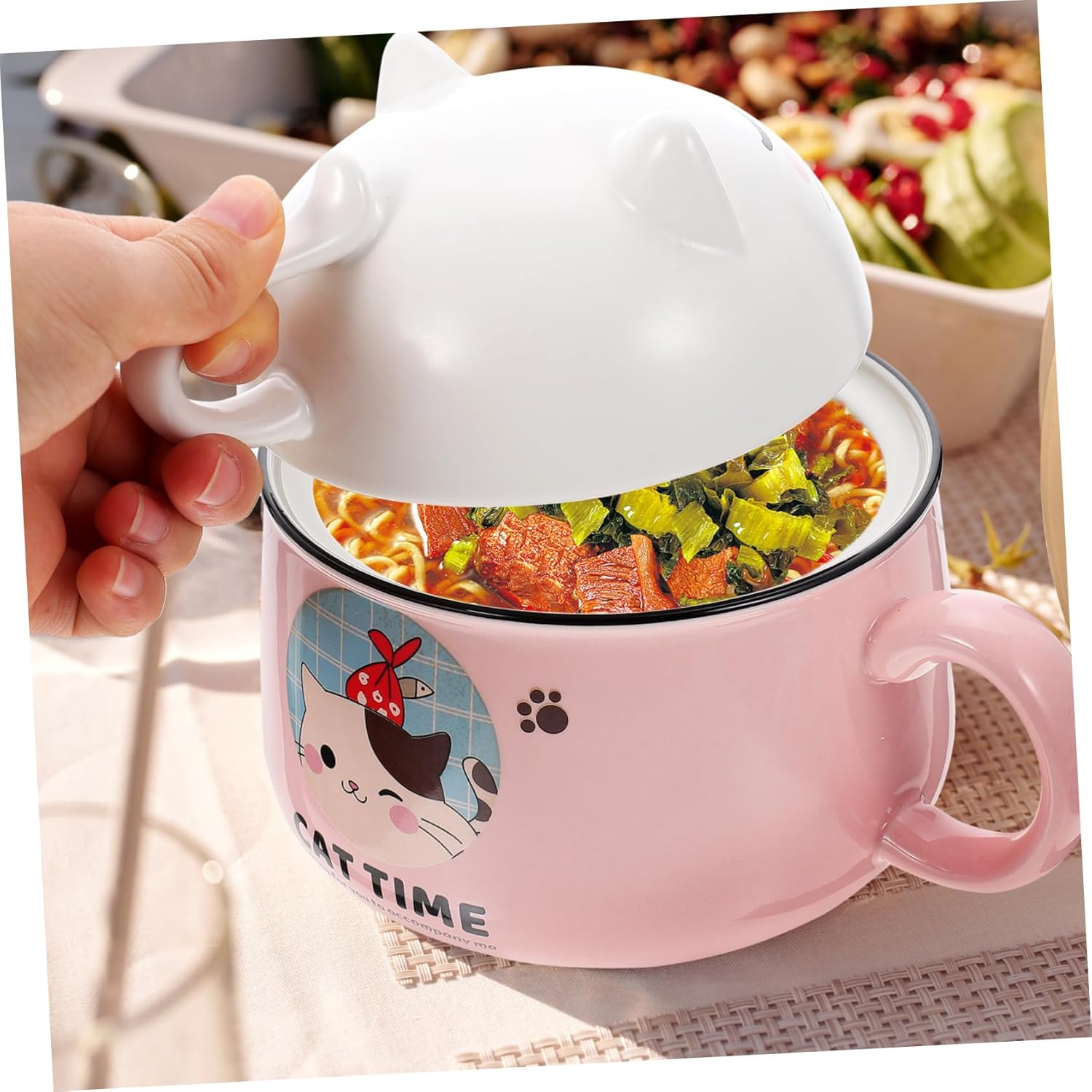 Instant Noodles Container Cartoon Decorative Soup Bowl Handle Ceramic Cat Design for Kitchen Tableware for Soups Grains Pasta and Rice