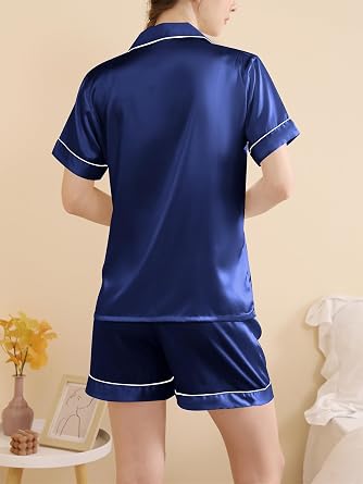 Women Satin Pajamas Set Classic 2 Piece Silk Pjs Soft Nightwear Loungewear Short Sleeve Button Down Sleepwear