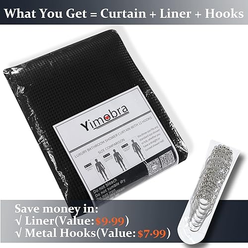 Miniatura 5 de Yimobra Juego de cortinas de ducha de tejido gofre con forro de tela a presión, tela pesada con 12 ganchos, impermeable y lavable, ventana superior