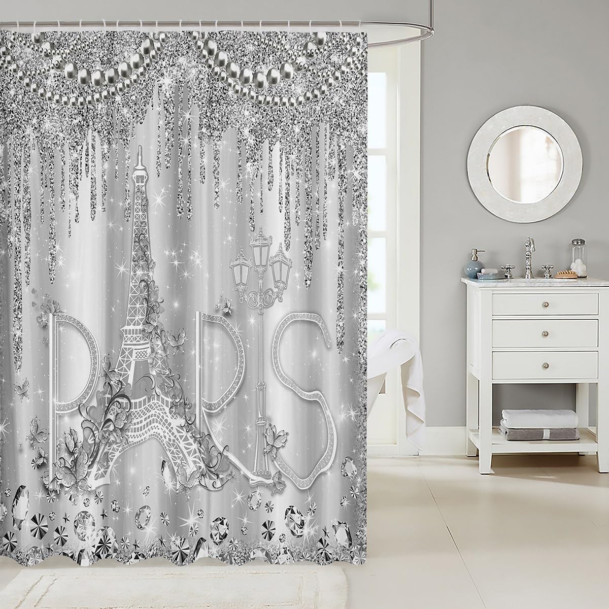 Paris Shower Curtain Sliver Glitter Diamond Bathroom Curtain for Kids Girls Boys Women Room Decor,Romantic Eiffel Tower Waterproof Curtain Luxury Pearls and Jewels Bath Curtain,12 Hooks,72"Wx84"L