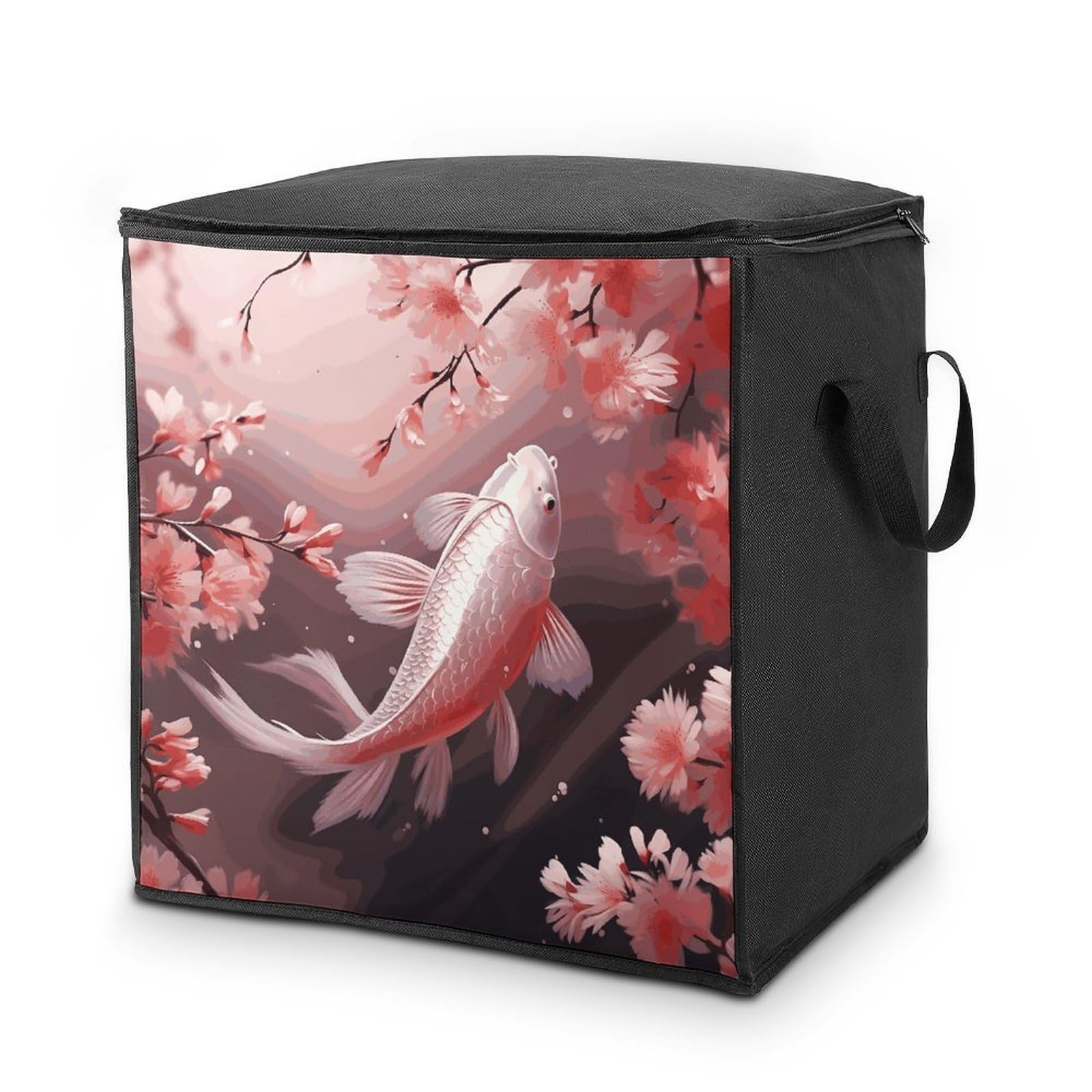 Pink Cherry Blossom Red Carp Storage Bag with Zippers And Handle Extra Large Bedding Comforter Storage Bag Foldable Blanket Storage Bags Fabric Moving Bags for Closet Organizer (70L)