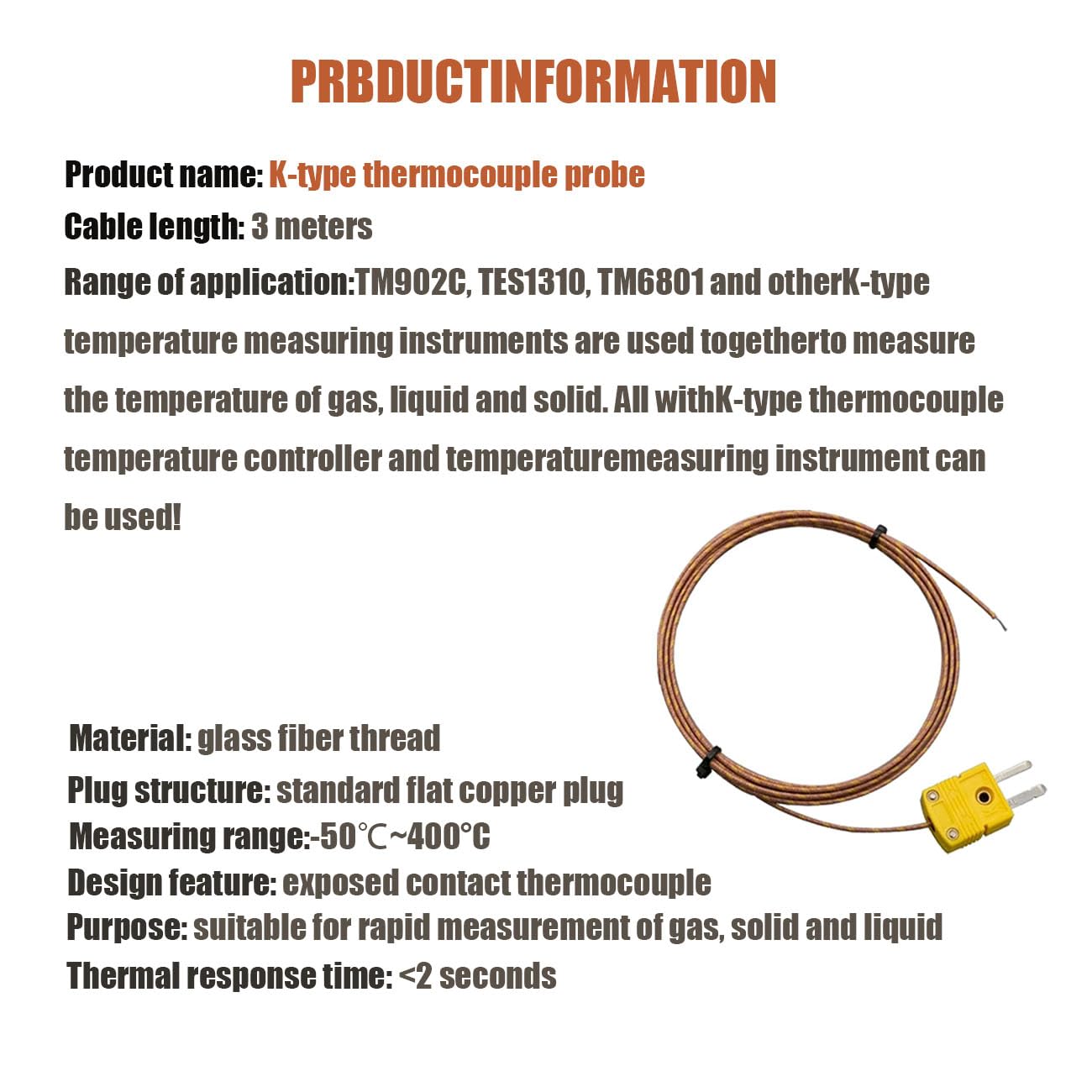K-Type Thermocouple Probe - High Accuracy Temperature Sensor with 1M and 3M Fiberglass Cable, -58°F to 899°F (-50°C to 482°C) Range, Fast <2s Response, Compatible with Type-K Measuring Devices
