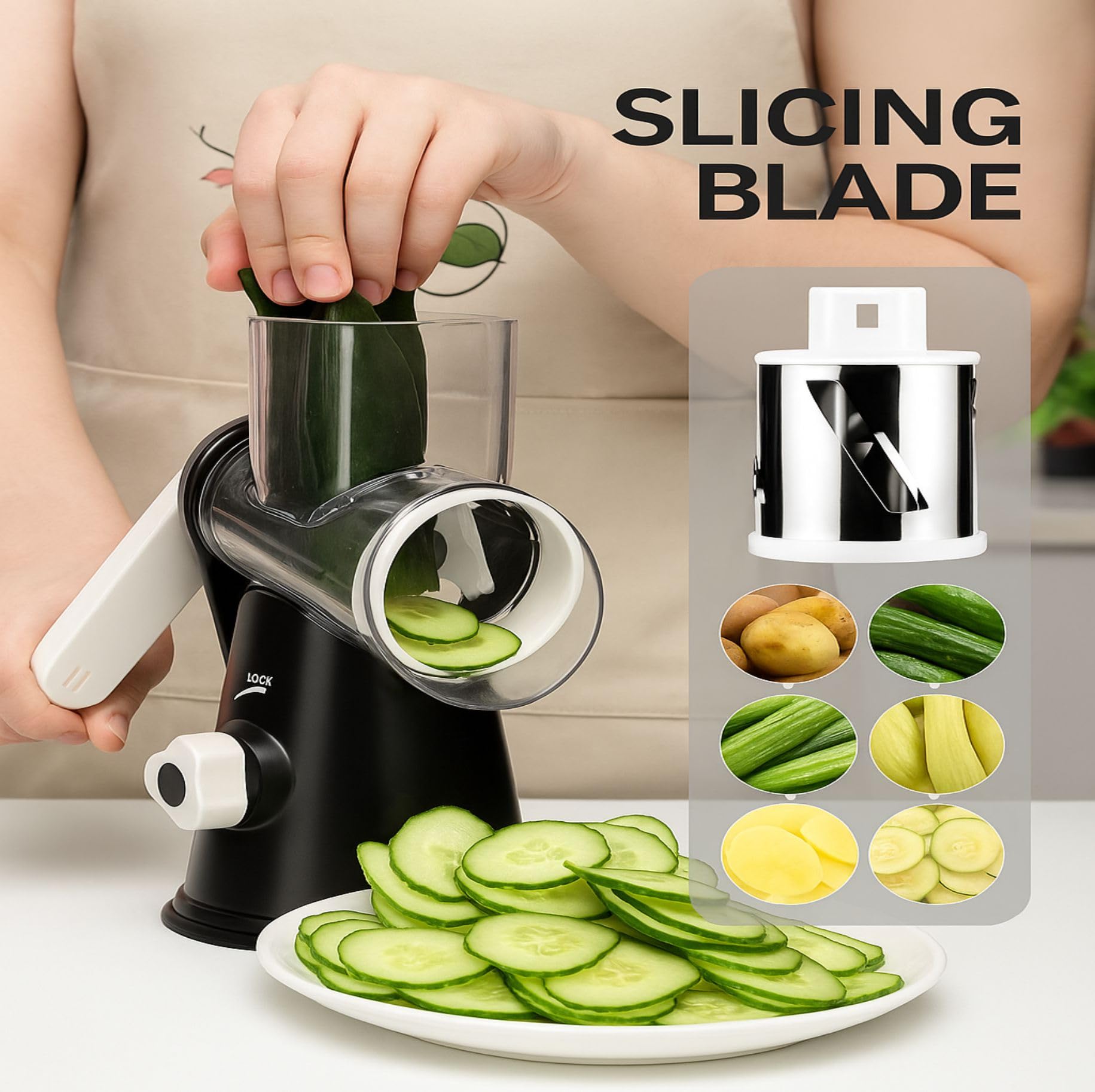 Retronz Rotary Cheese Grater & Vegetable Slicer – 3 Stainless Steel Drums, Strong Suction Base, BPA-Free Kitchen Tool